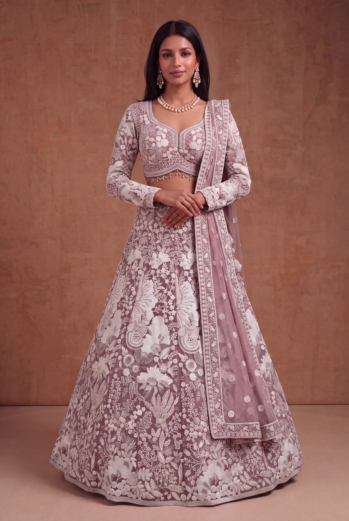 Dusty Mauve Net Lehenga - Mokshaa