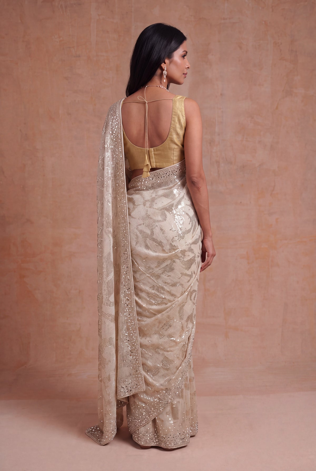 Gold Georgette Saree with Sequin & Mirror Work - Mokshaa