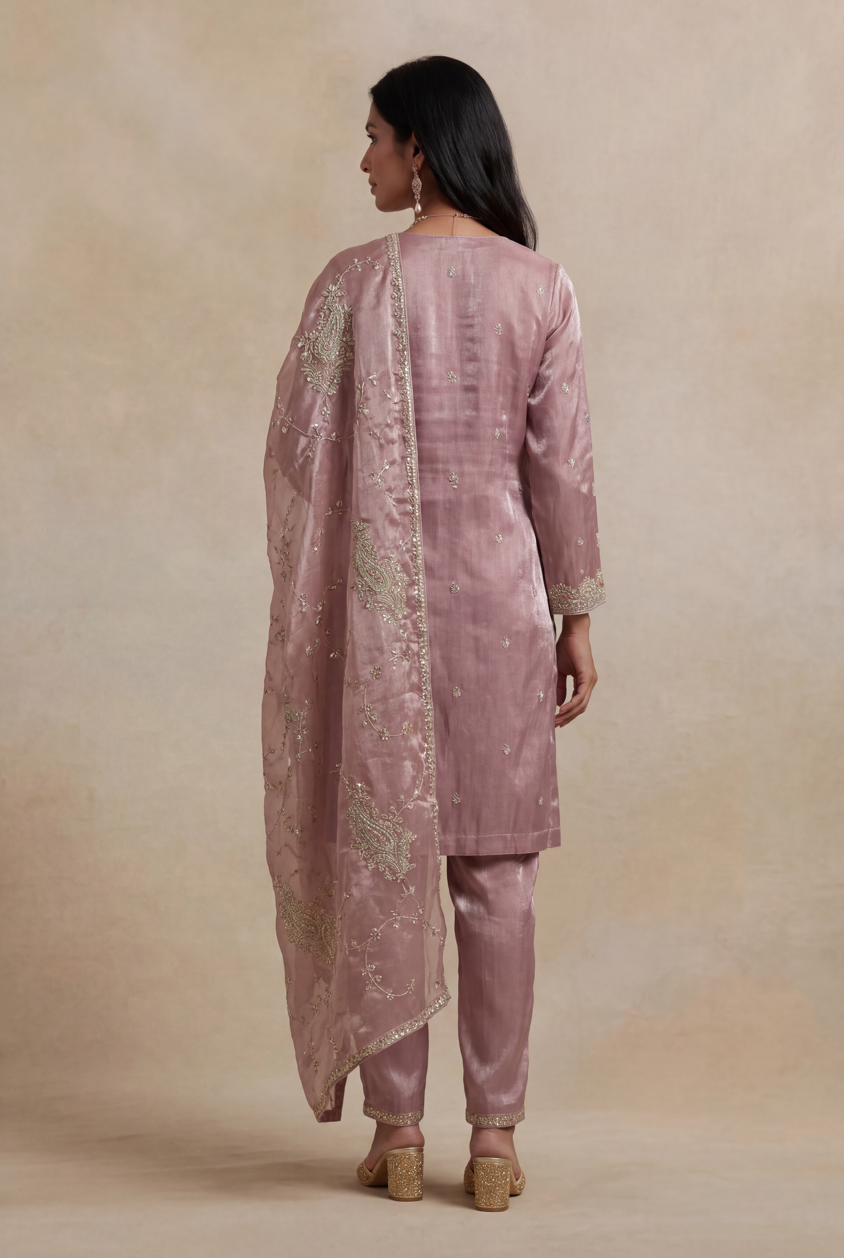 Lavender Tissue Short Kurta with Straight Pants