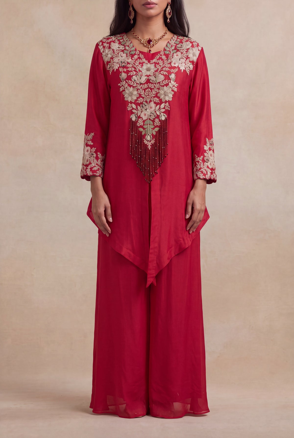 Red Raw Silk Zardosi Indo-Western Palazzo Set - Mokshaa