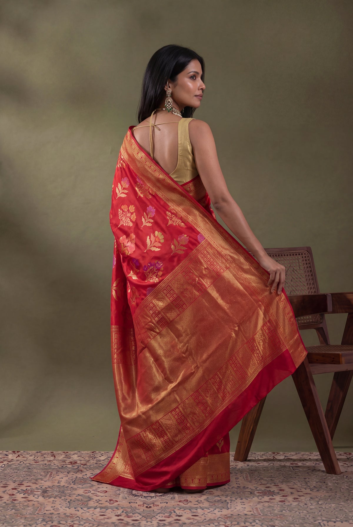 Red Banarasi Silk Saree with Kanjivaram Border - Mokshaa