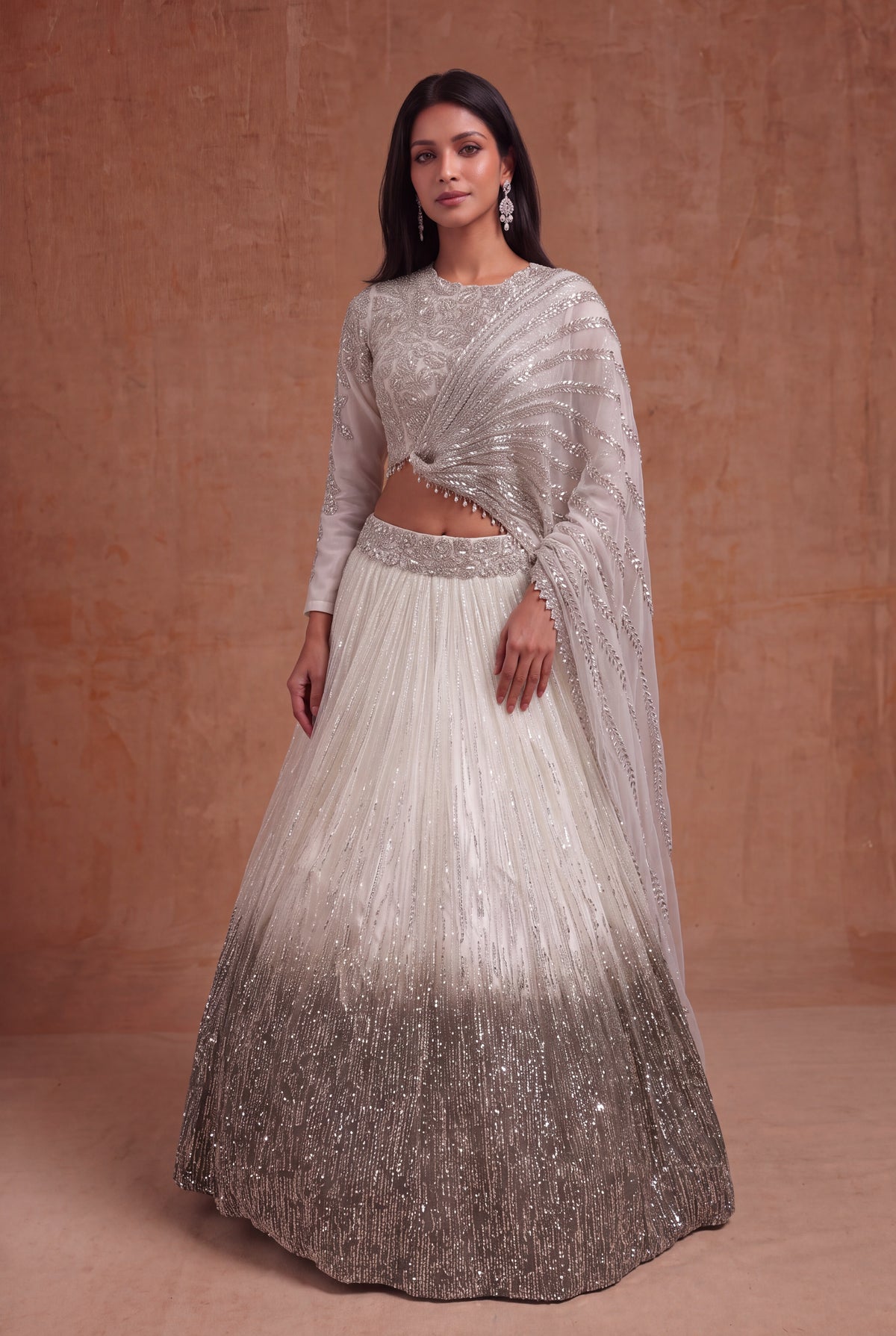 Ivory Organza Ombre Sequin Lehenga - Mokshaa