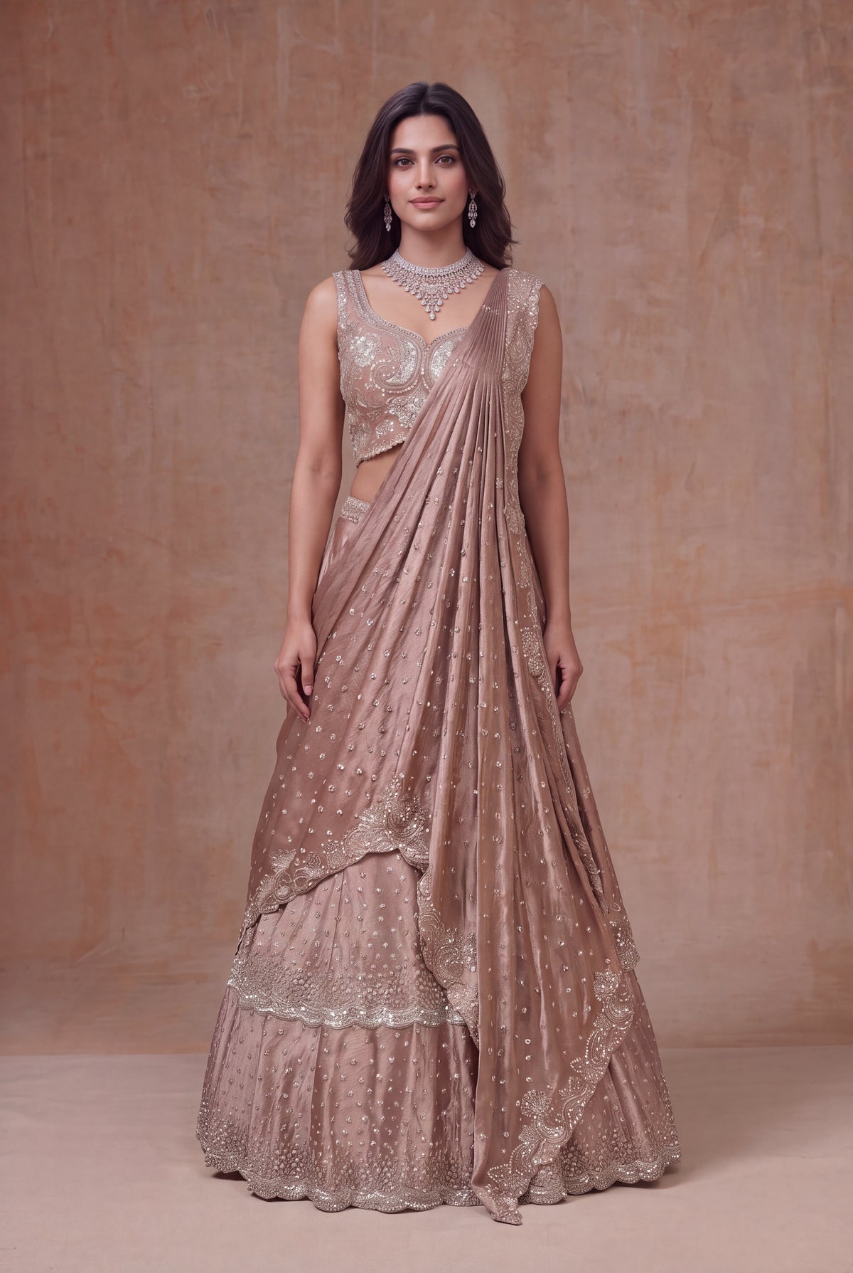 Rose Taupe Satin Silk Draped Lehenga with Sequin Work - Mokshaa
