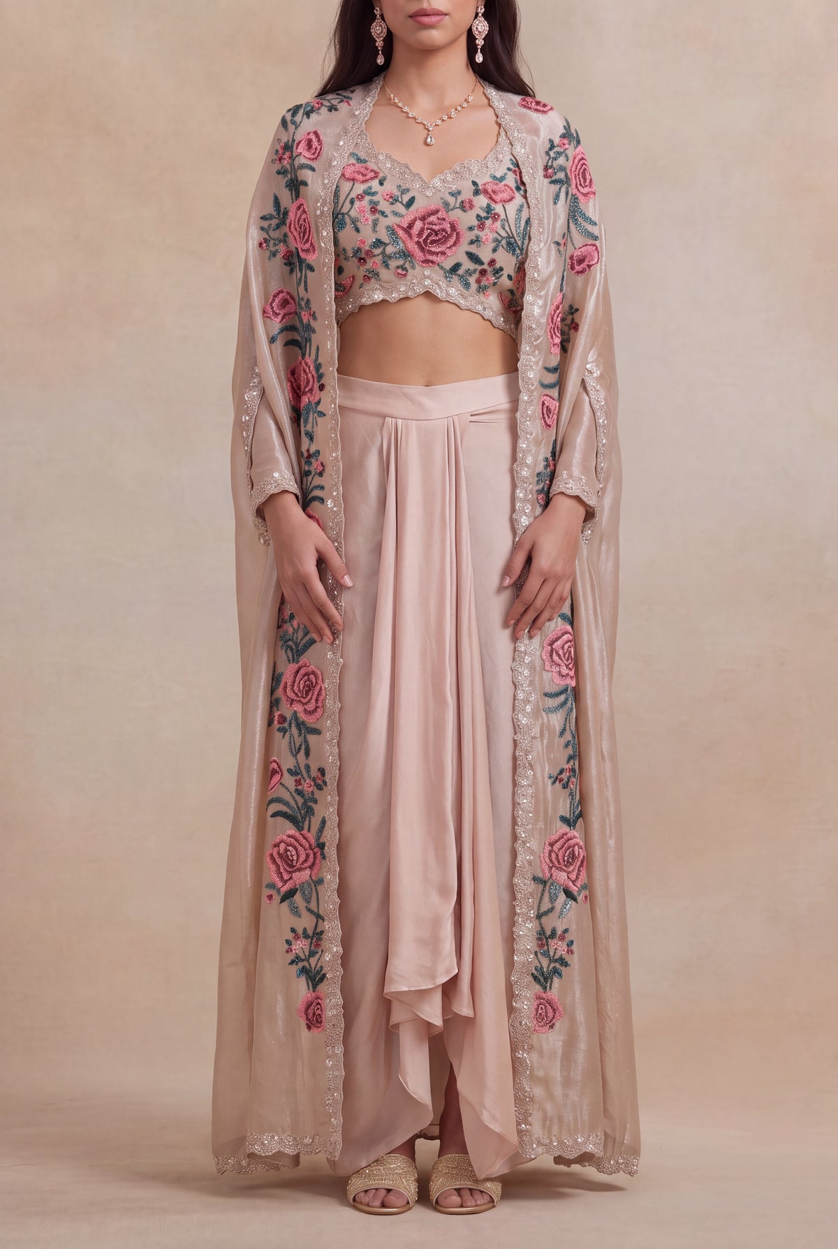 Blush Satin Floral Embroidered Indo-Western Cape Set - Mokshaa