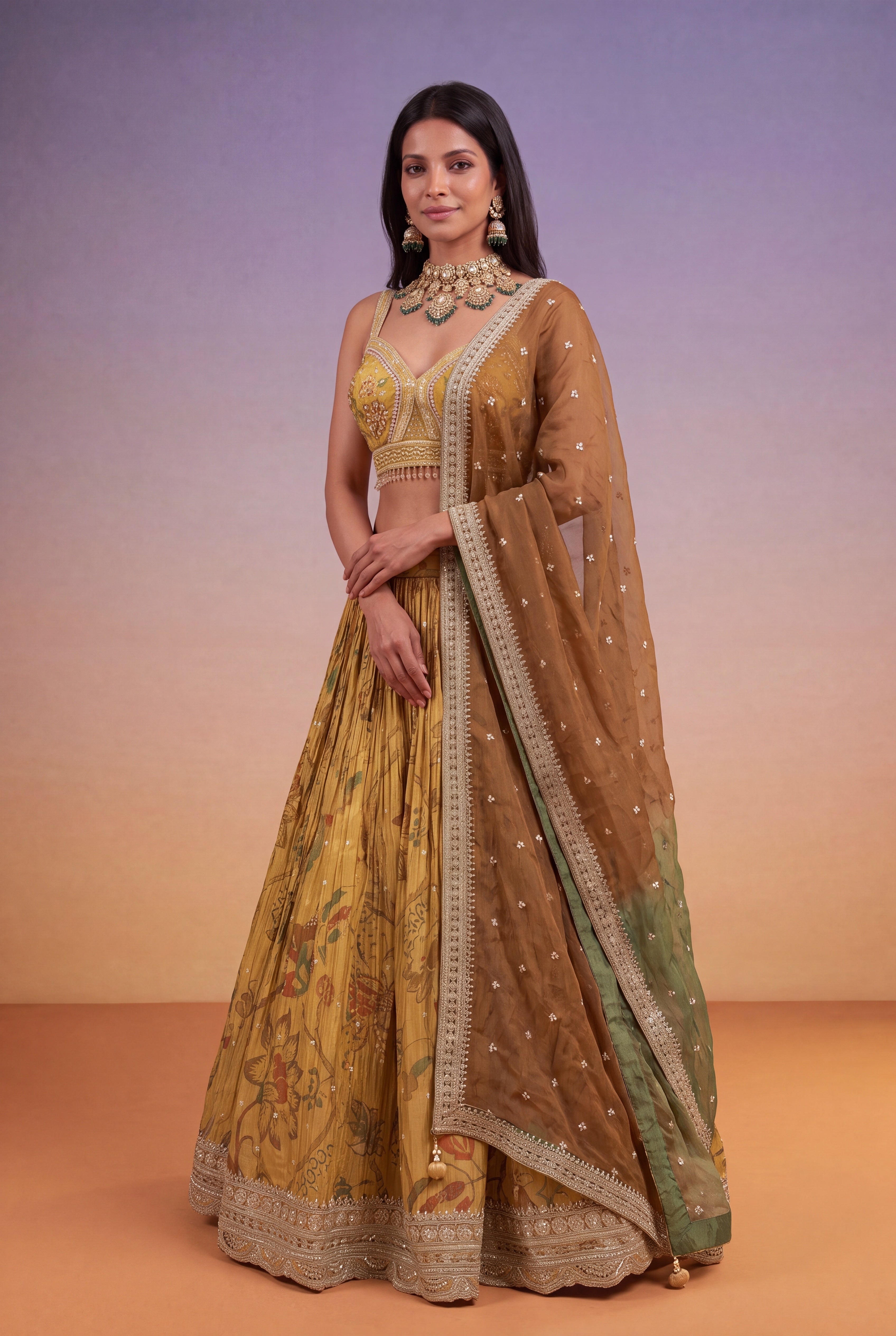Mustard Gold Tissue Lehenga with Printed Florals & Zari Work