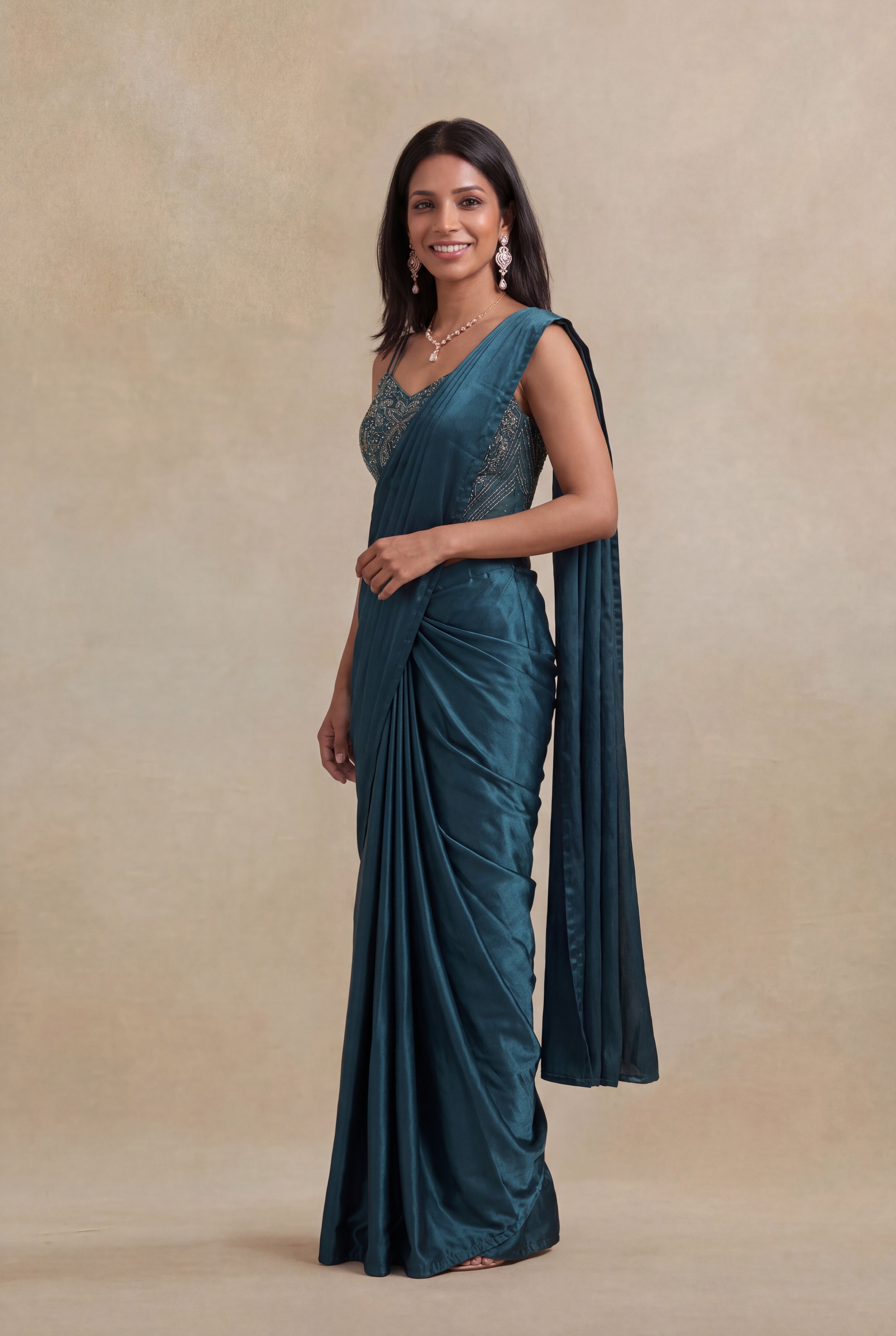 Bottle Green Satin Silk Pre-Draped Saree