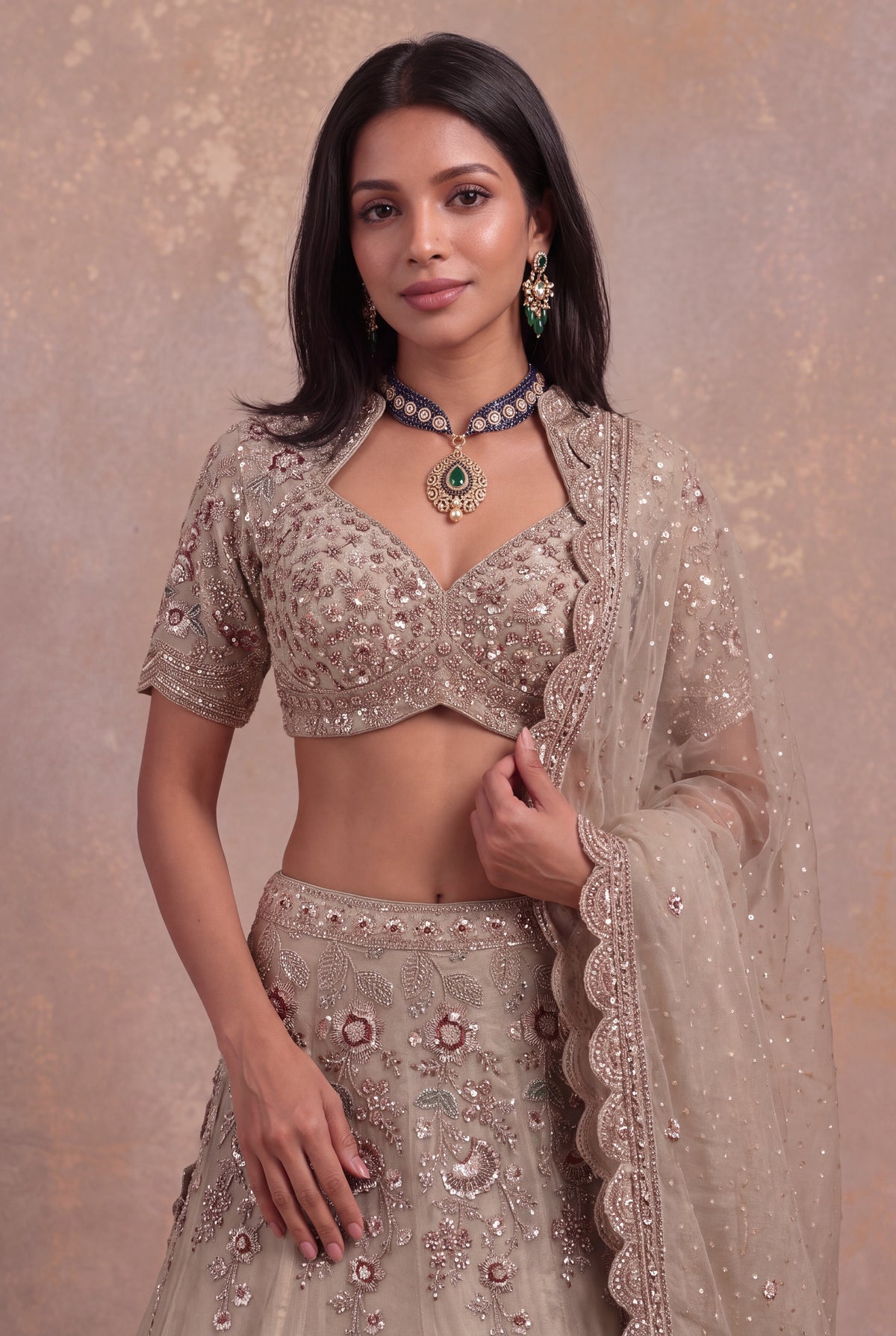 Champagne Shimmer Tissue Lehenga - Mokshaa