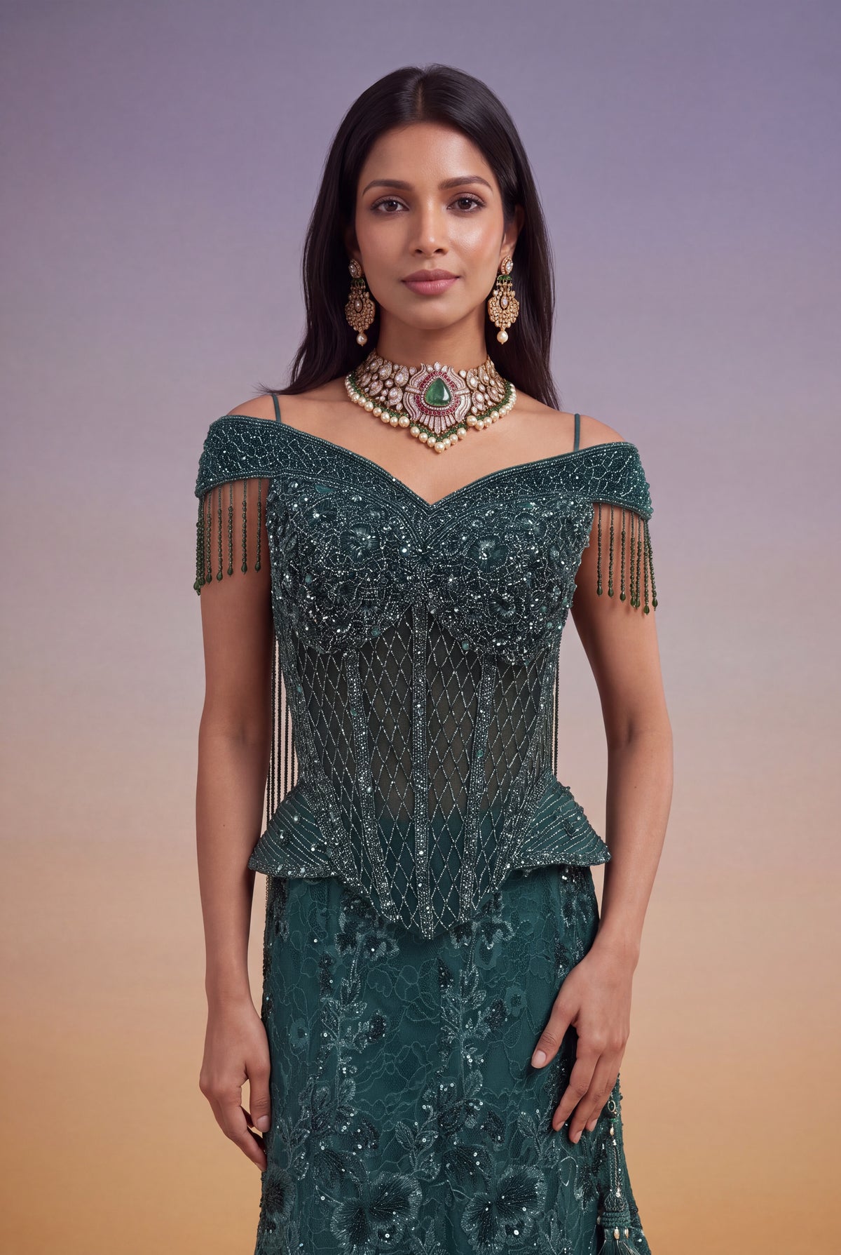 Emerald Green Indo-Western Corset Lehenga - Mokshaa
