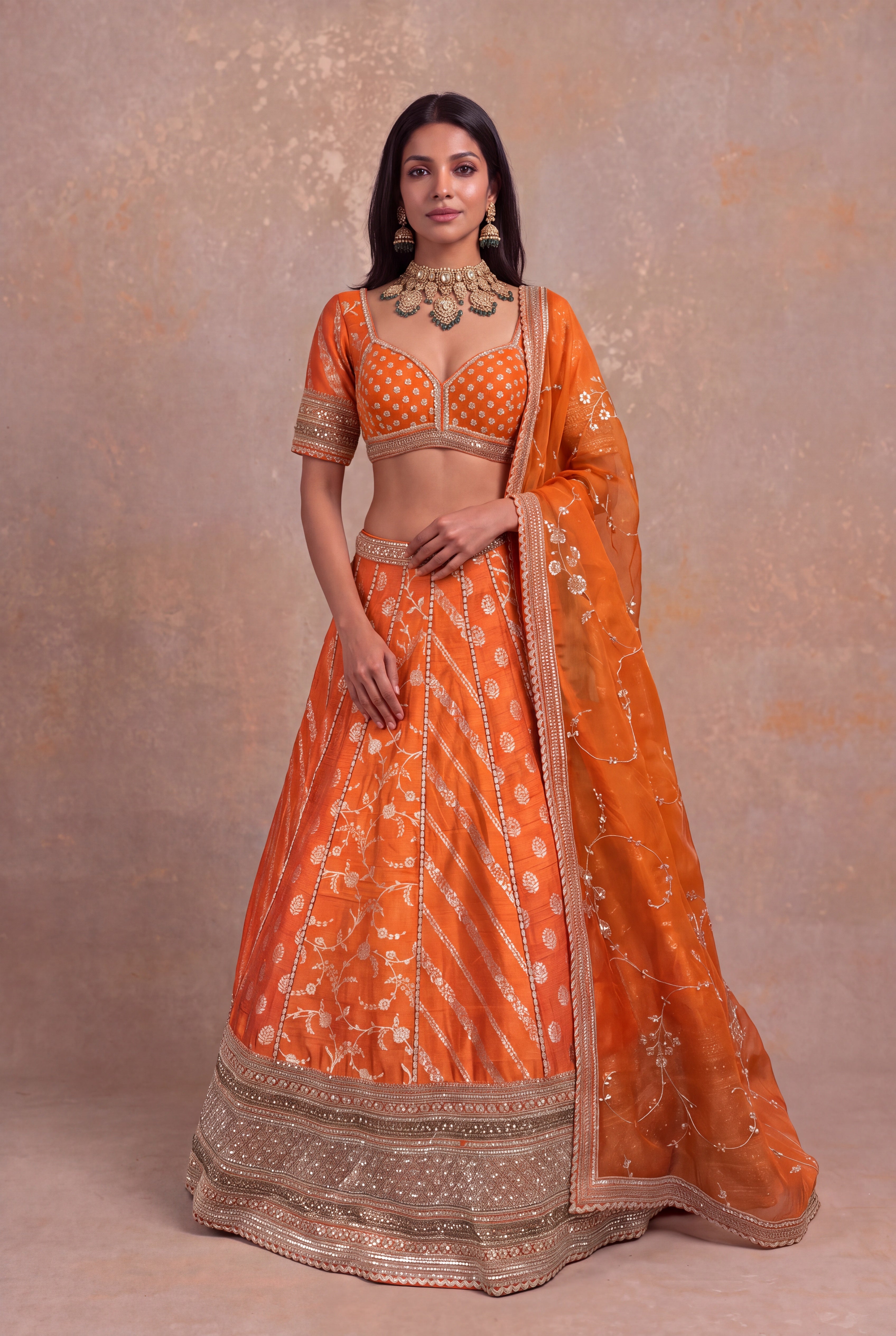 Orange Banarasi Raw Silk Lehenga