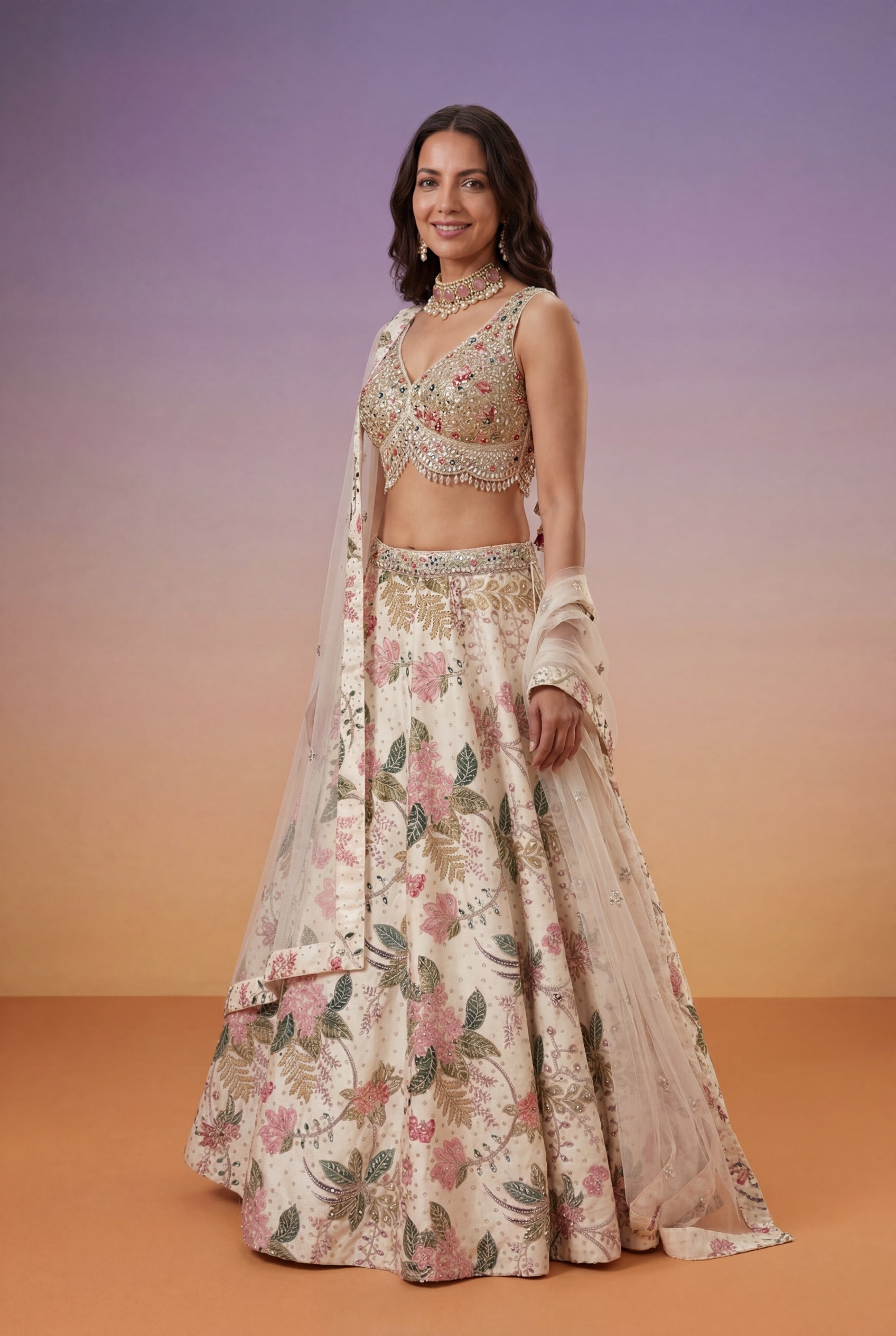Ivory Floral Printed Raw Silk Lehenga