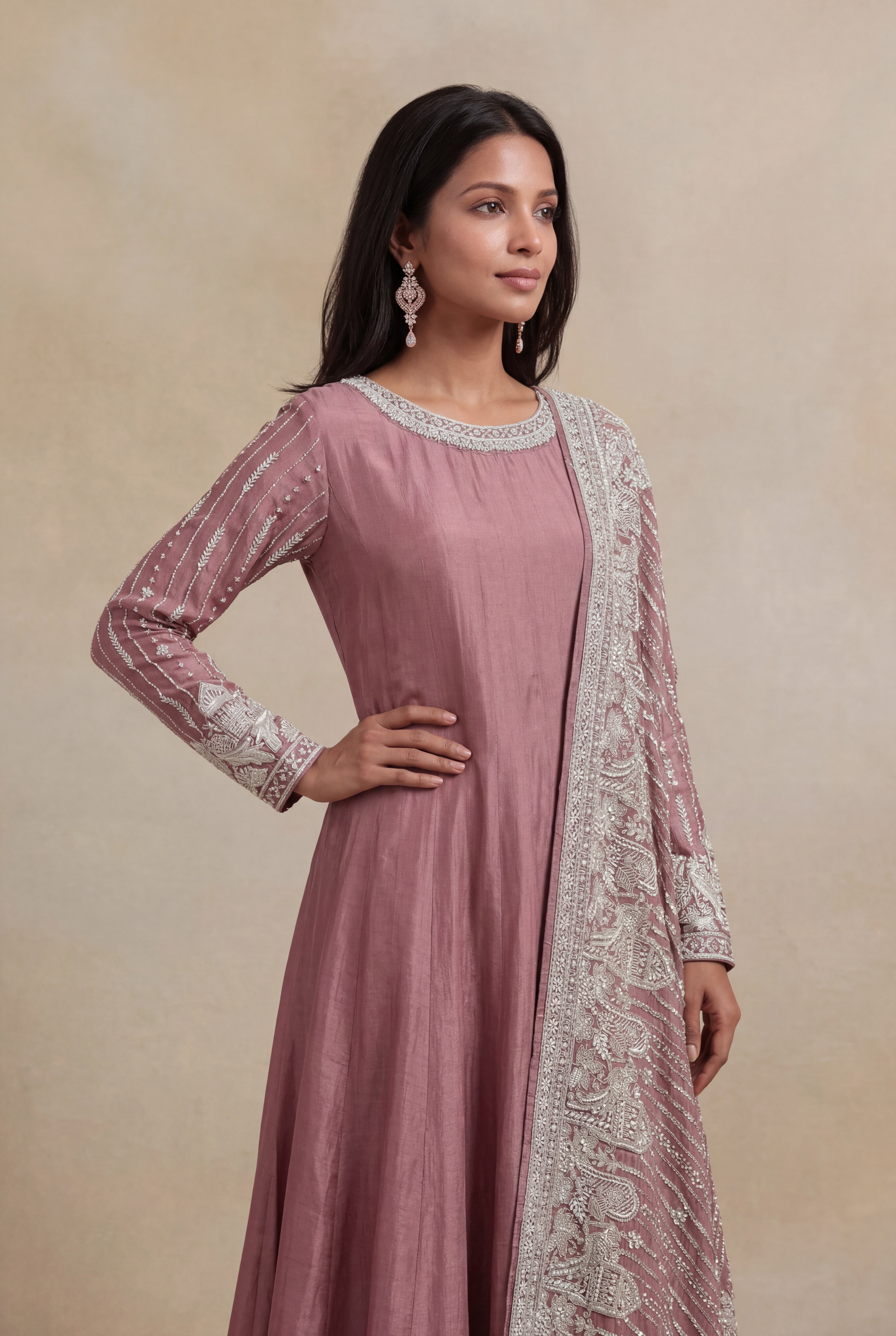 Dark Peach Grape Fabric Embroidered Anarkali Suit