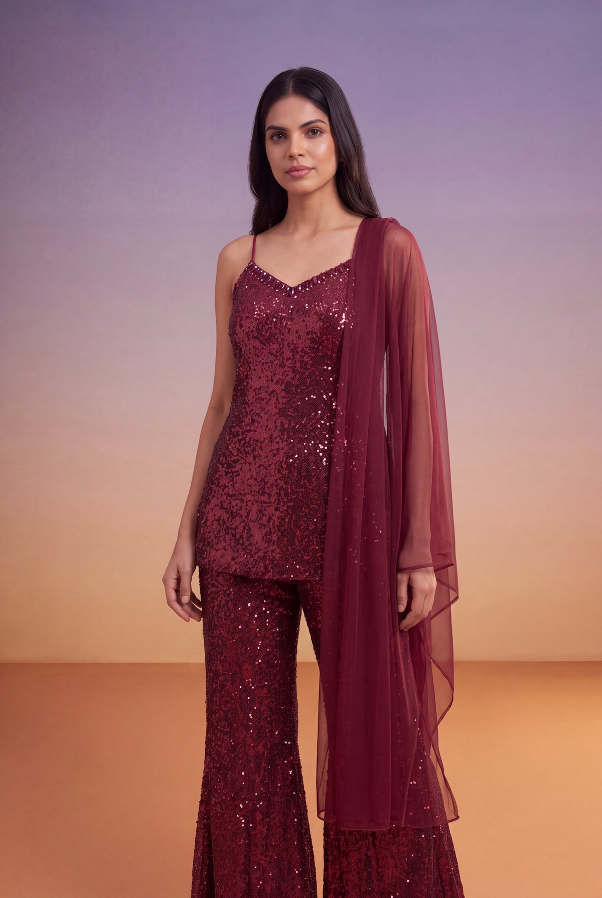 Wine Sequin Indo-Western Palazzo Set with Dupatta - Mokshaa