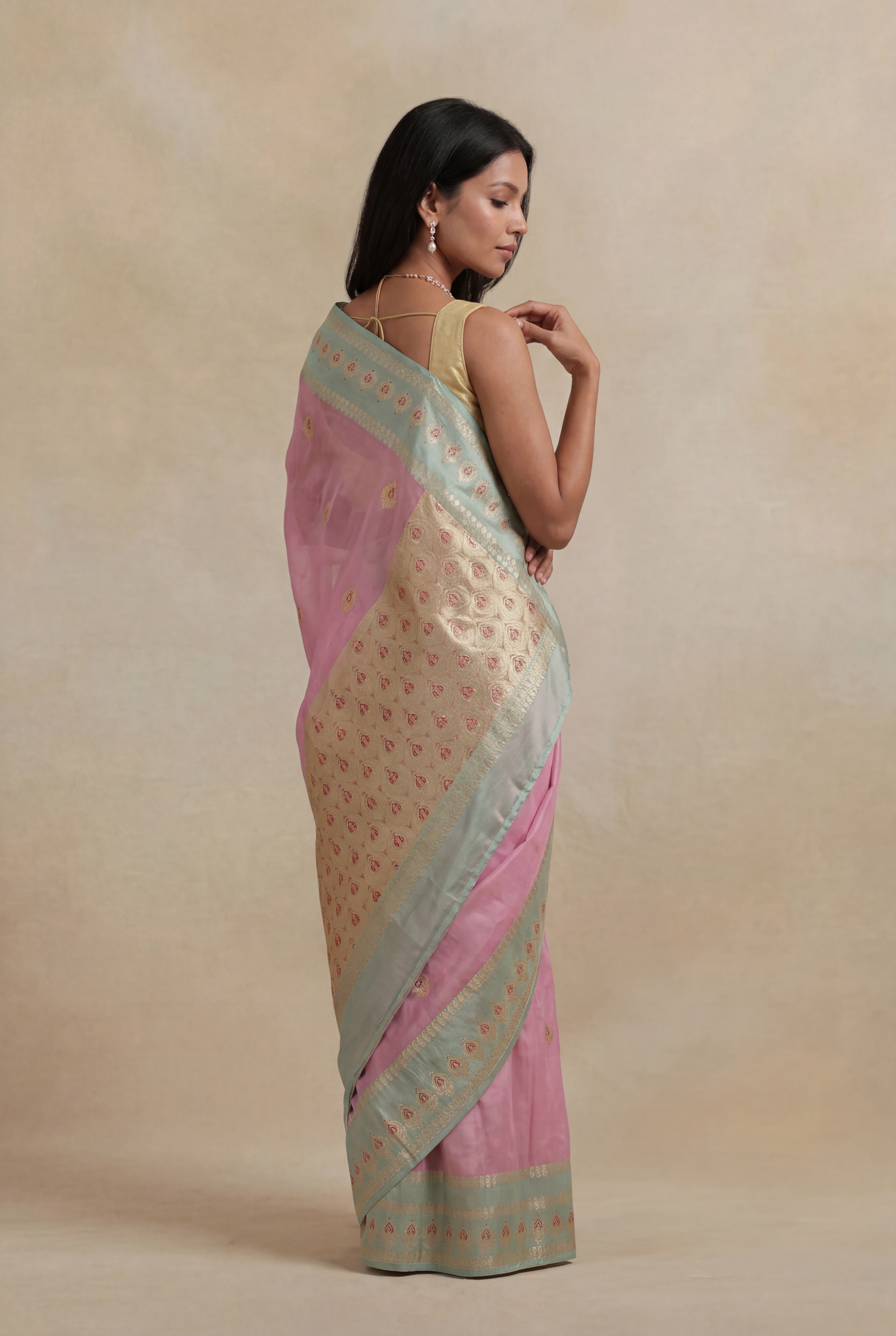 Baby Pink Banarasi Kora Silk Saree
