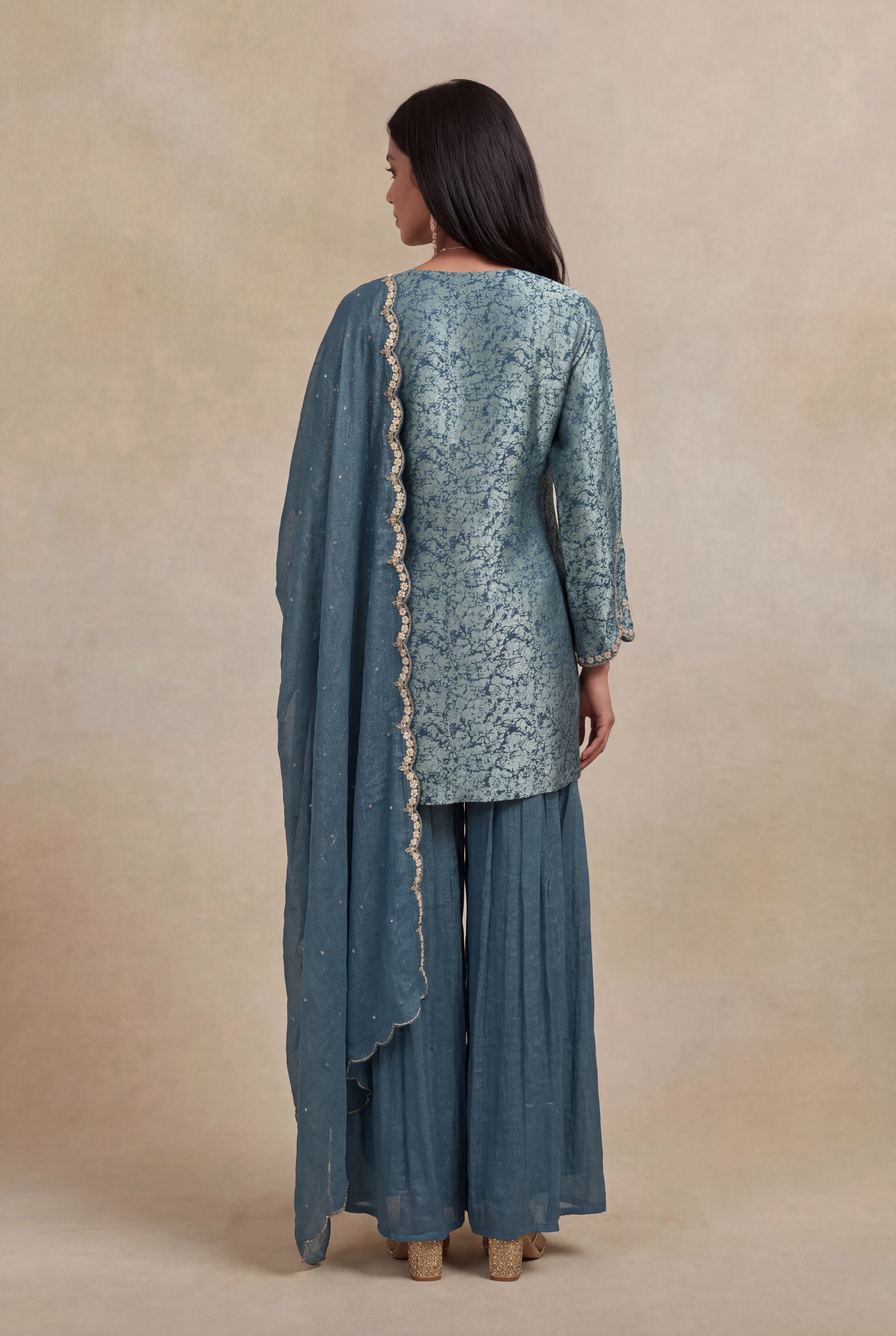 Blue Tissue Short Kurta Sharara Set