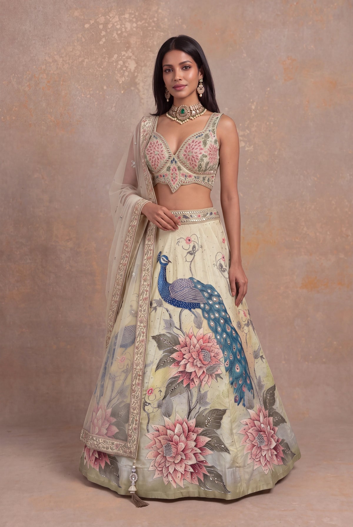 Pista Green Peacock & Floral Silk Lehenga - Mokshaa