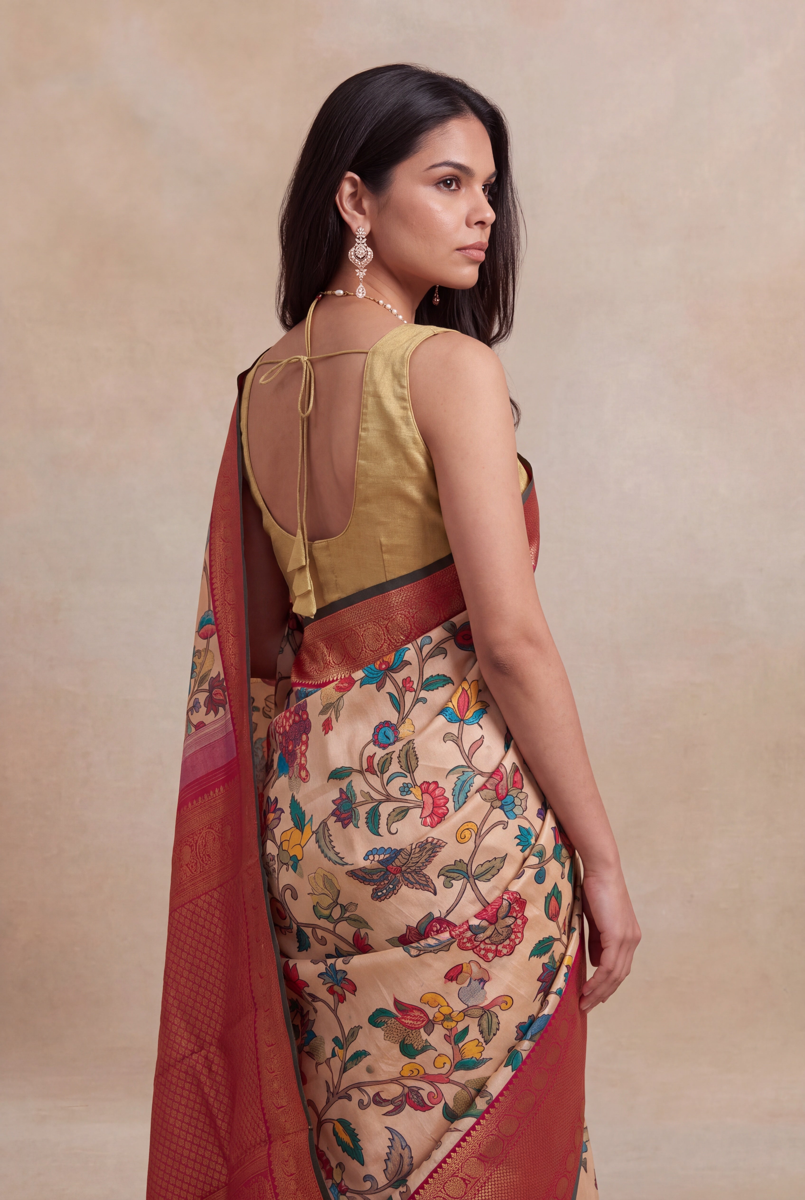 Light Peach Floral Print Kanchivaram Silk Saree
