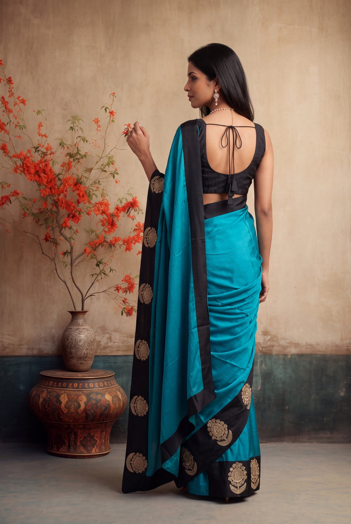 Teal Blue Crepe Silk Saree - Mokshaa
