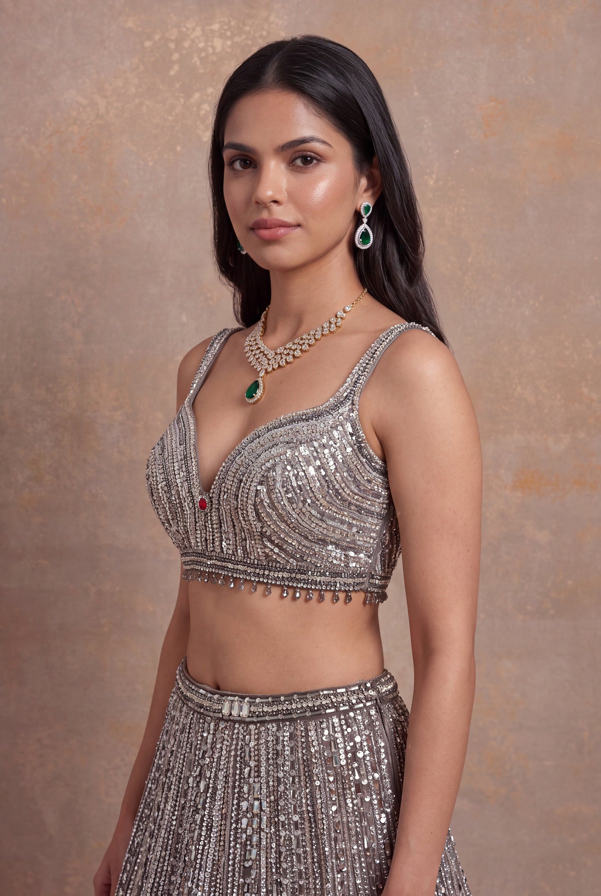 Beige Net Lehenga - Mokshaa
