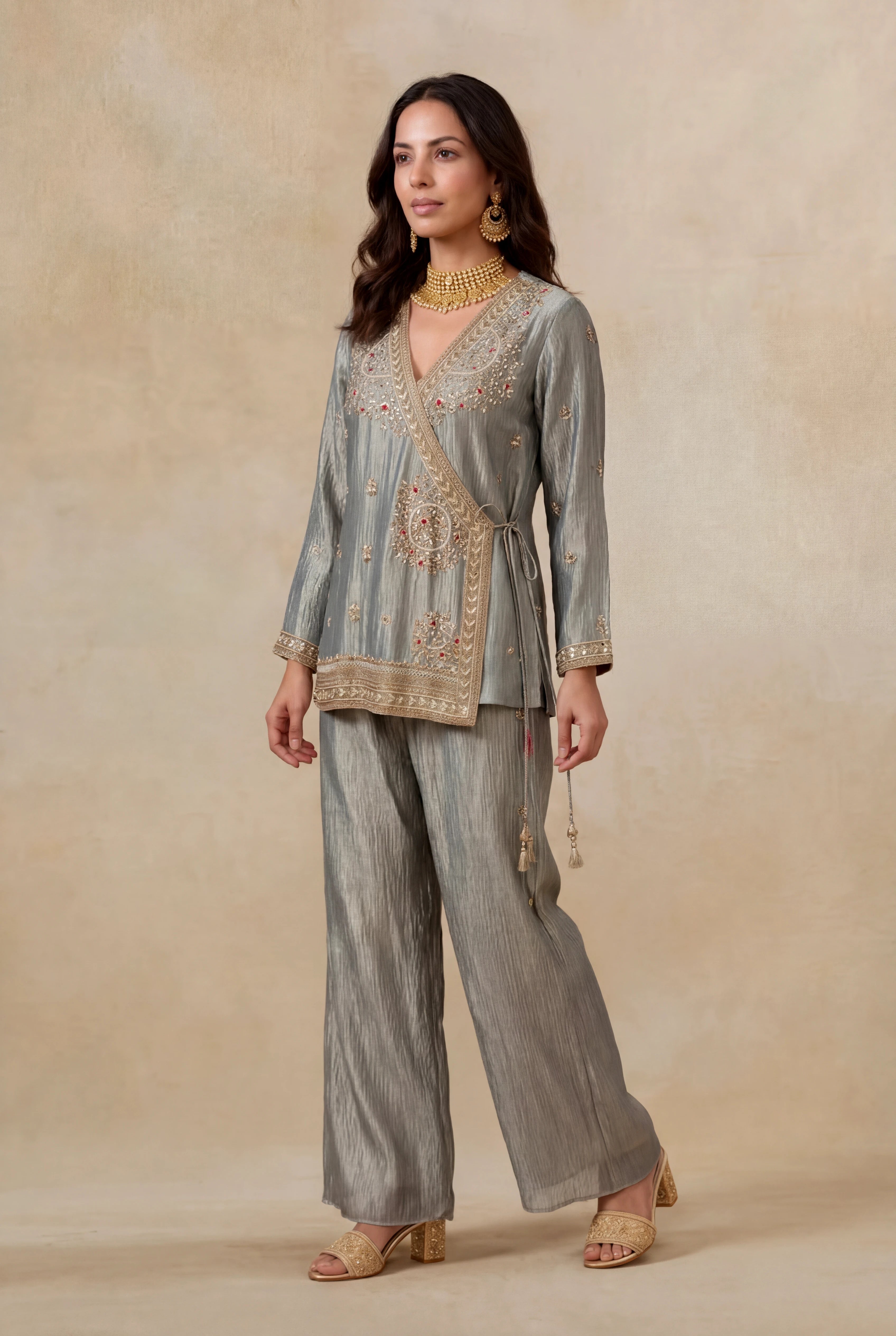 Silver Grey Crush Tissue Indo-Western Co-ord Set