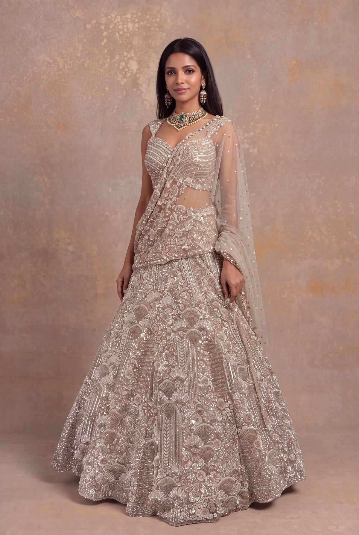 Beige Gold Net Lehenga with Sequin and Bead Embroidery - Mokshaa
