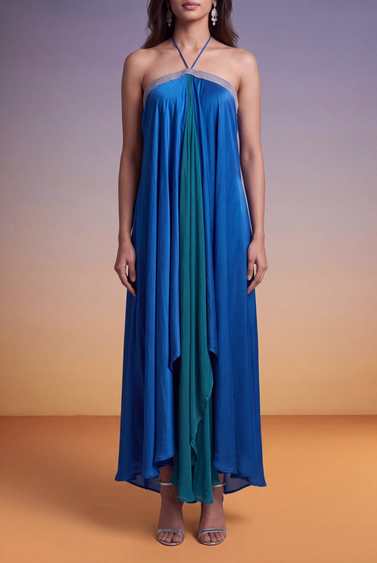 Blue & Teal Draped Halter-Neck Indo-Western Dress - Mokshaa