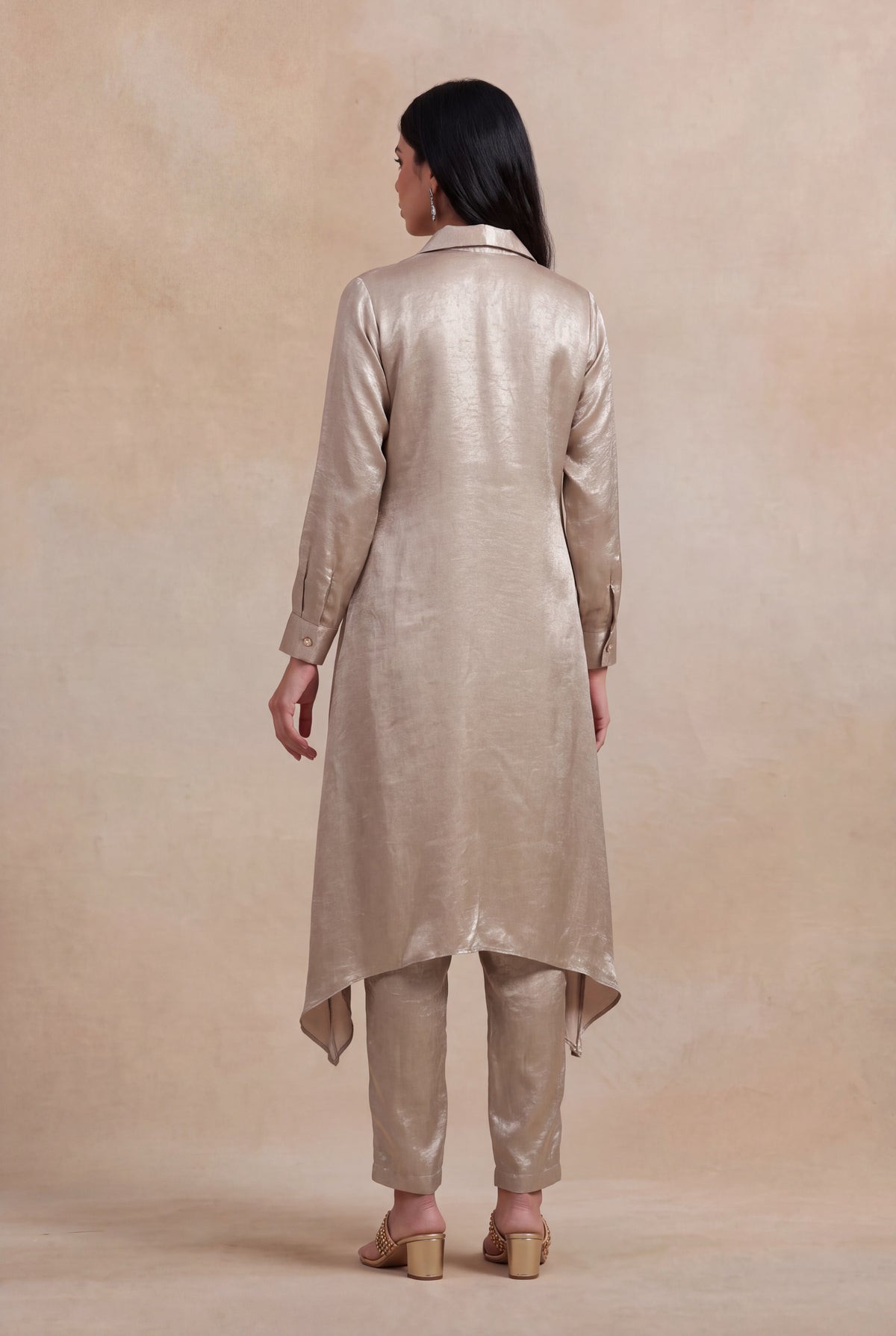 Champagne Shimmer High-Low Shirt Set - Mokshaa