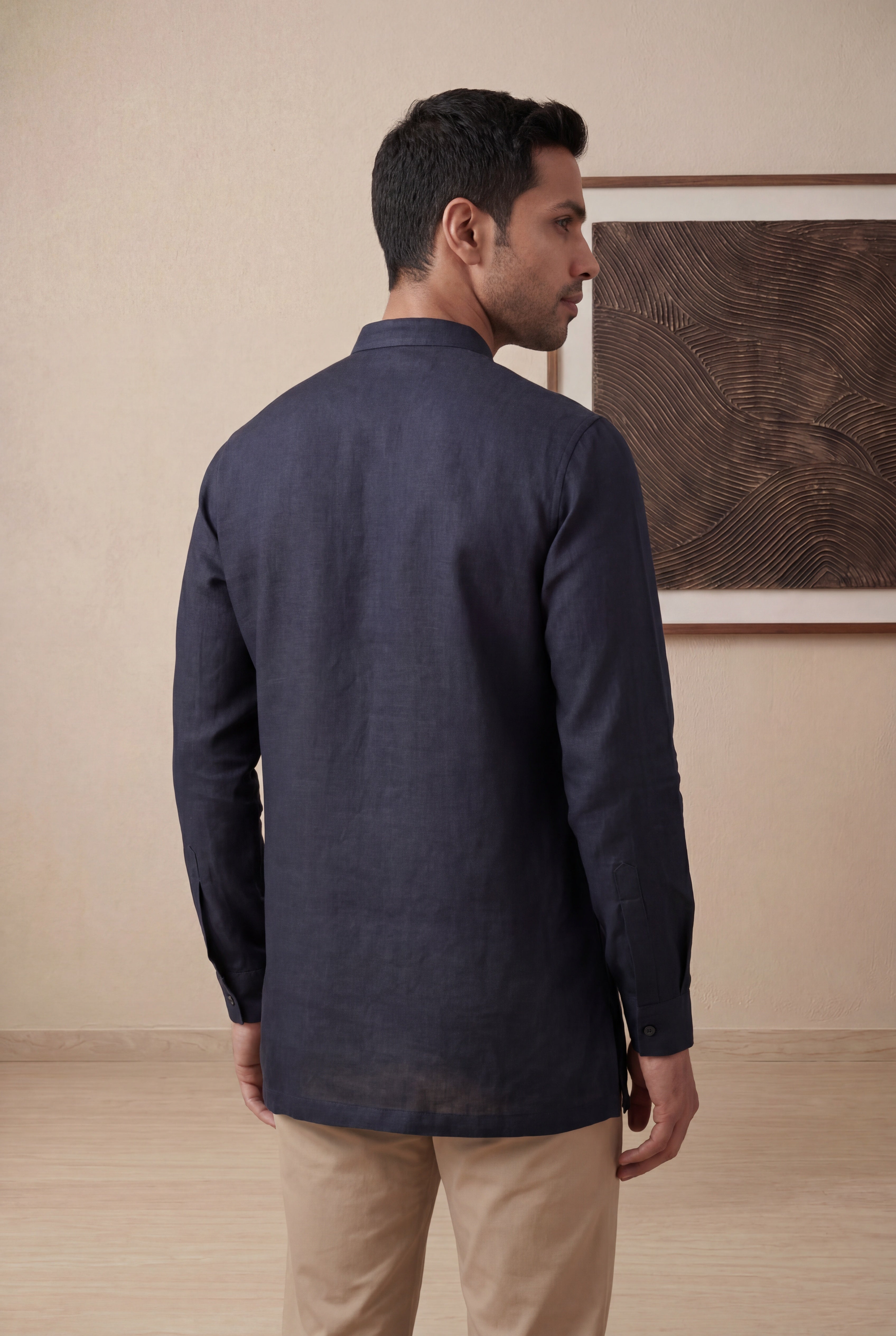 Navy Blue Linen Short Kurta with Elephant Embroidery