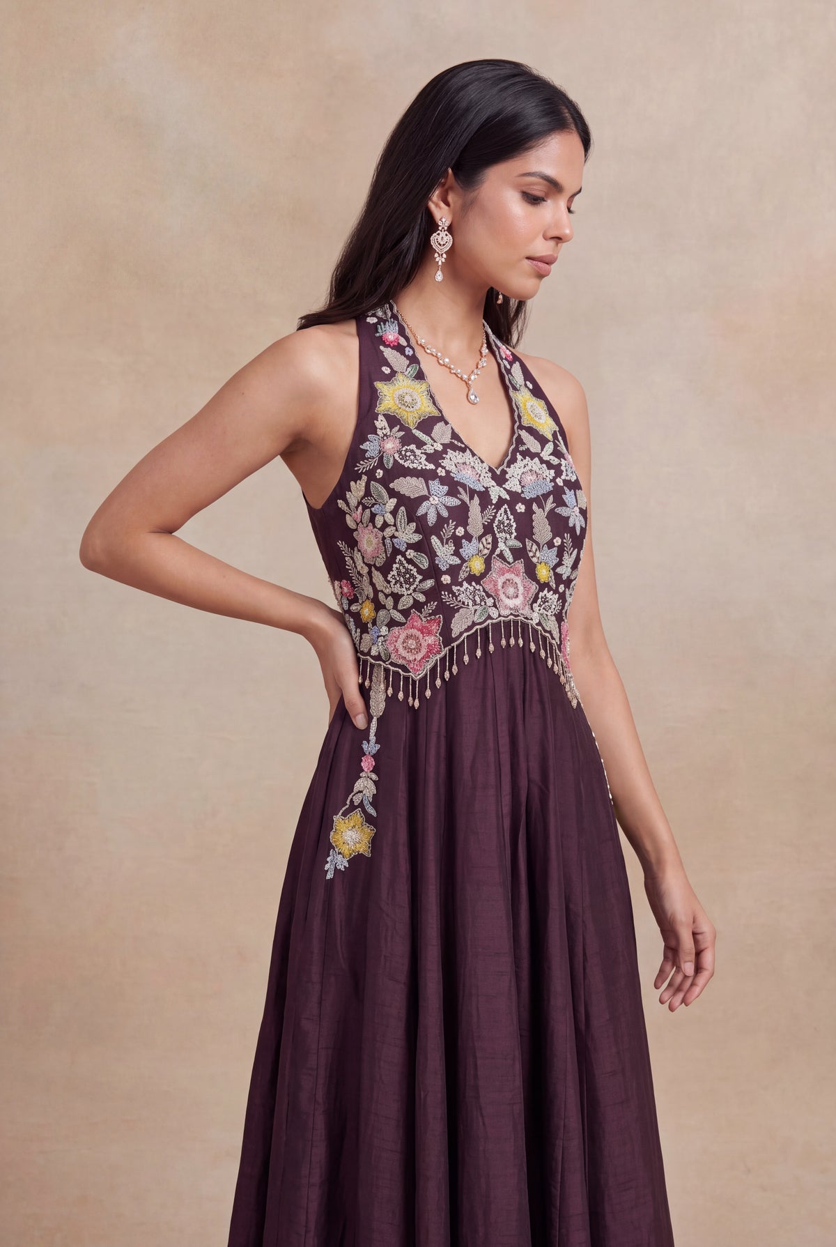 Wine Raw Silk Floral Embroidered Western Gown - Mokshaa