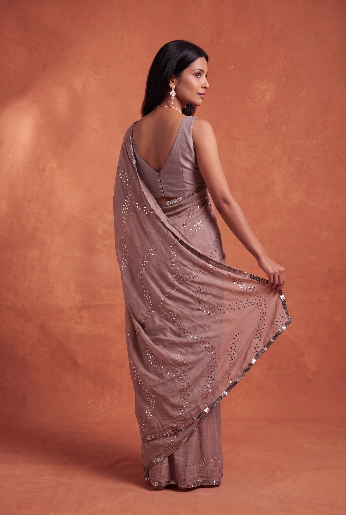Brown Crush Crepe Saree with Sequin Work - Mokshaa