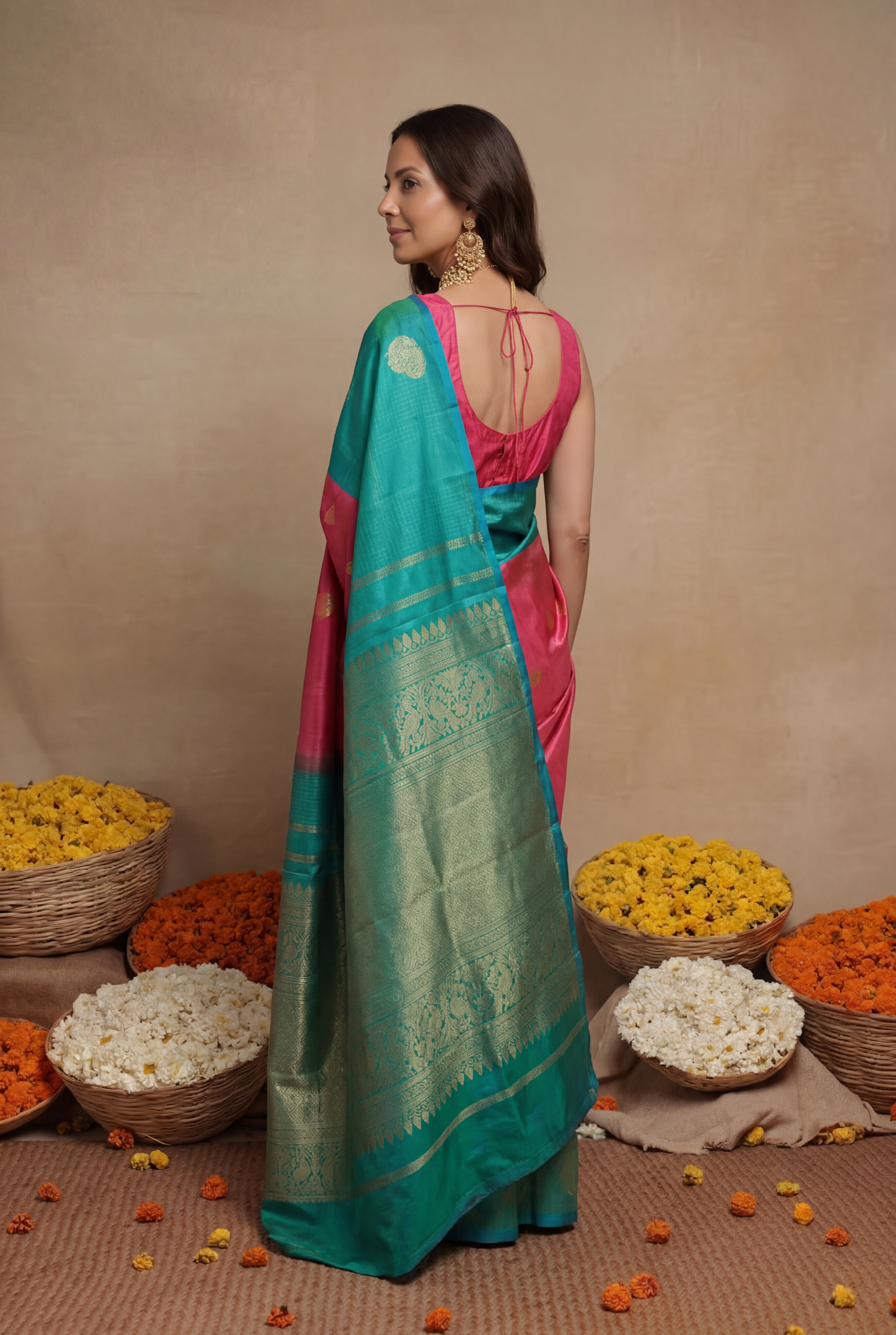 Coral Peach and Aqua Blue Kanchivaram Silk Saree