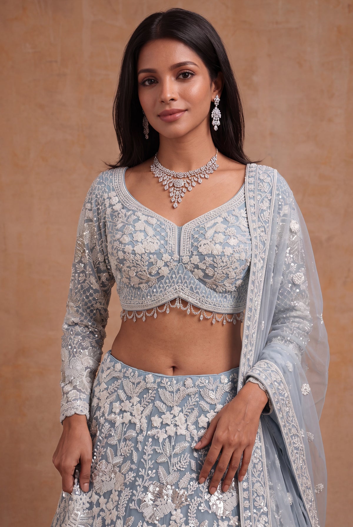 Sky Blue Net Lehenga with White Sequin and Pearl Work - Mokshaa
