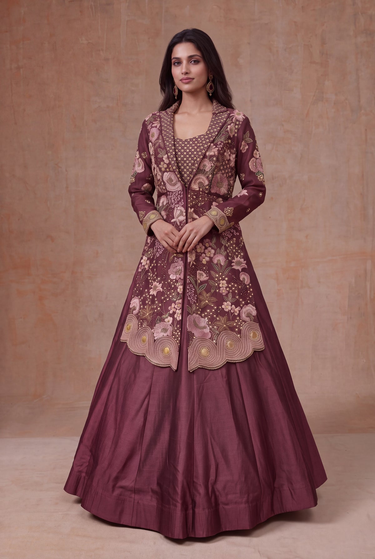 Wine Mauve Raw Silk Jacket Lehenga with Floral Embroidery - Mokshaa