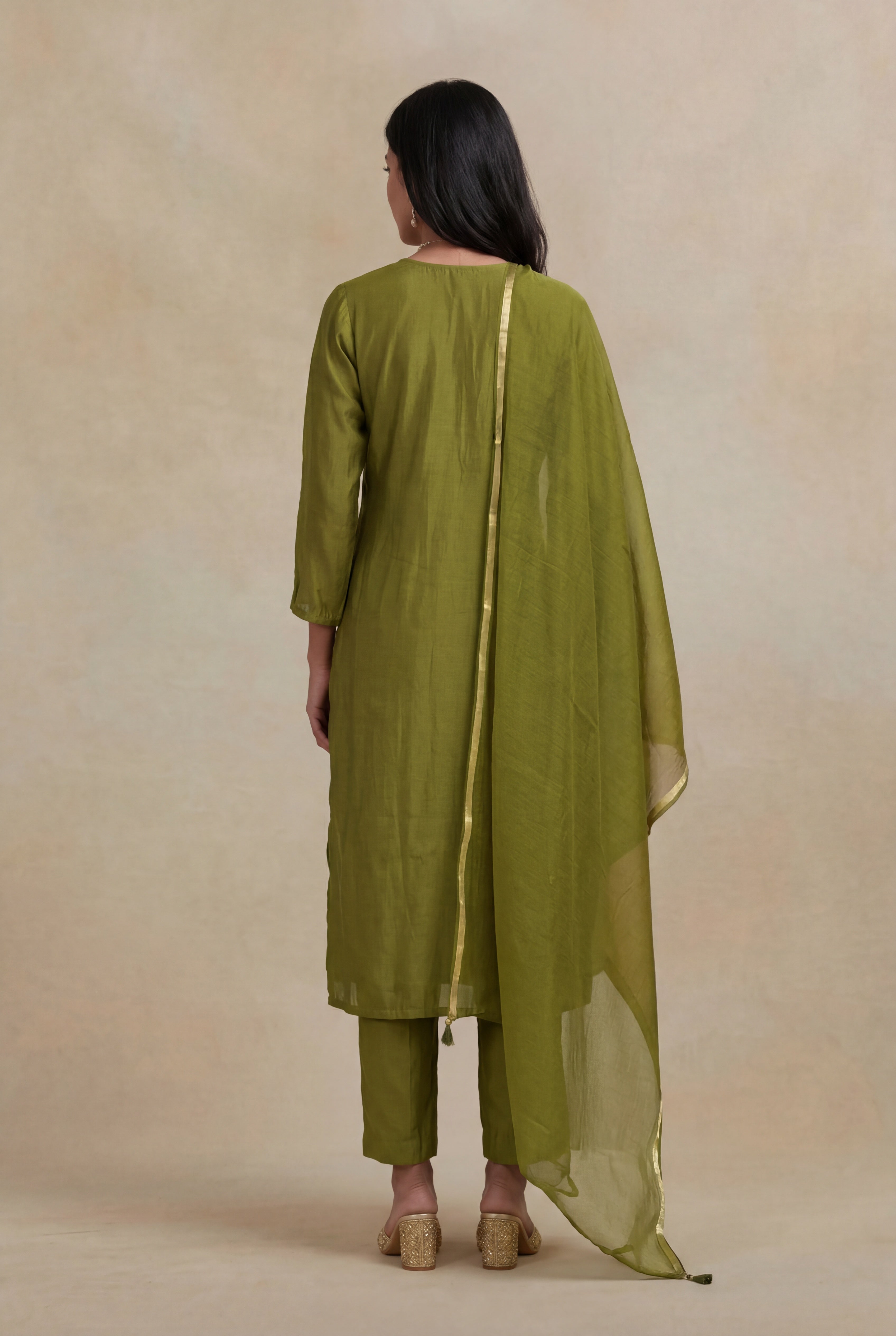 Olive Green Mulmul Cotton Straight Cut Salwar Set