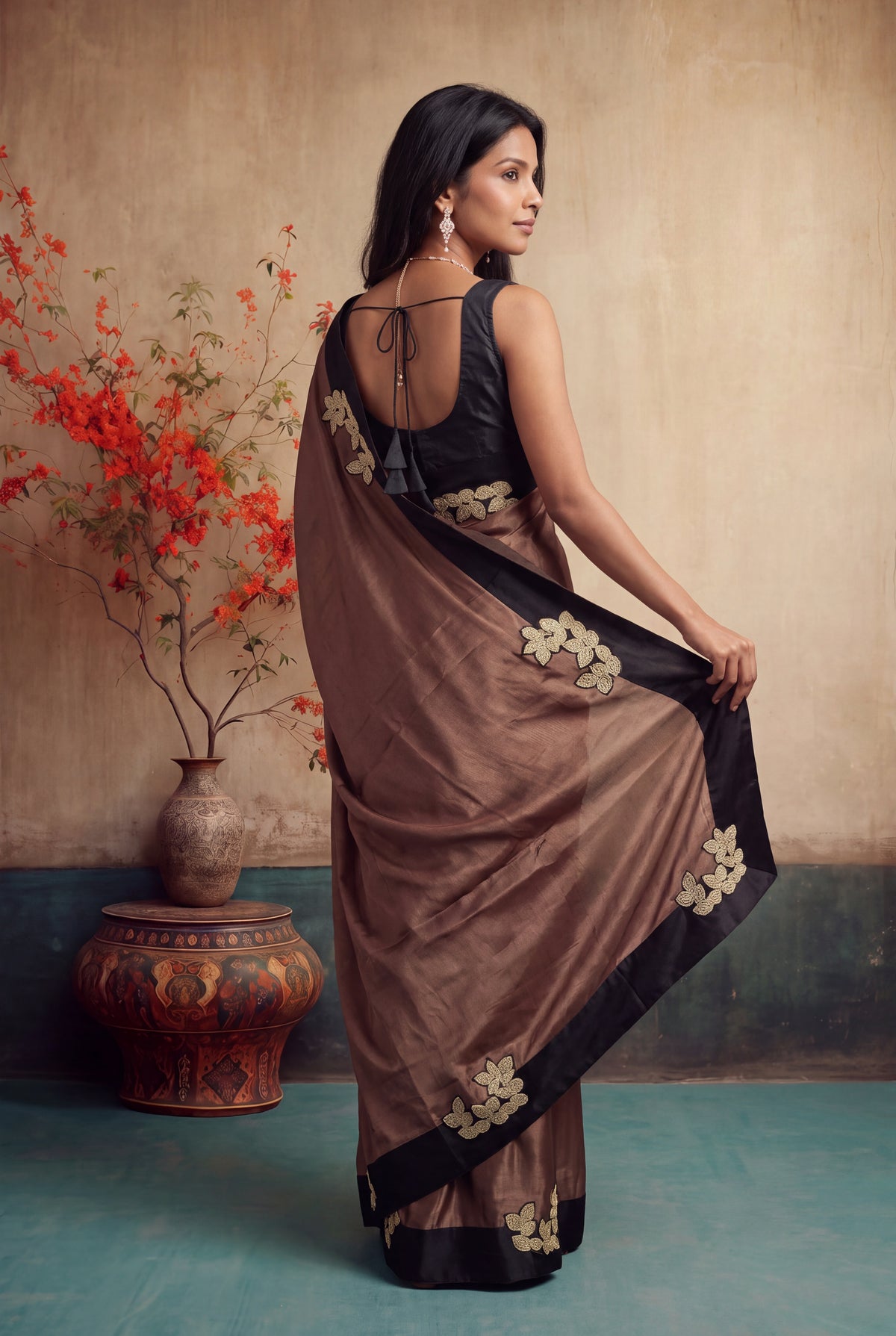 Mocha Brown Crepe Silk Saree - Mokshaa
