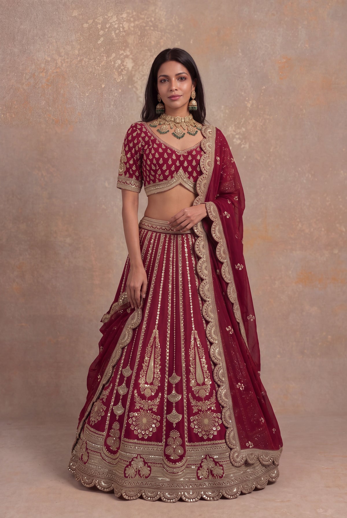 Maroon Raw Silk Lehenga Set with Cutdana Work - Mokshaa