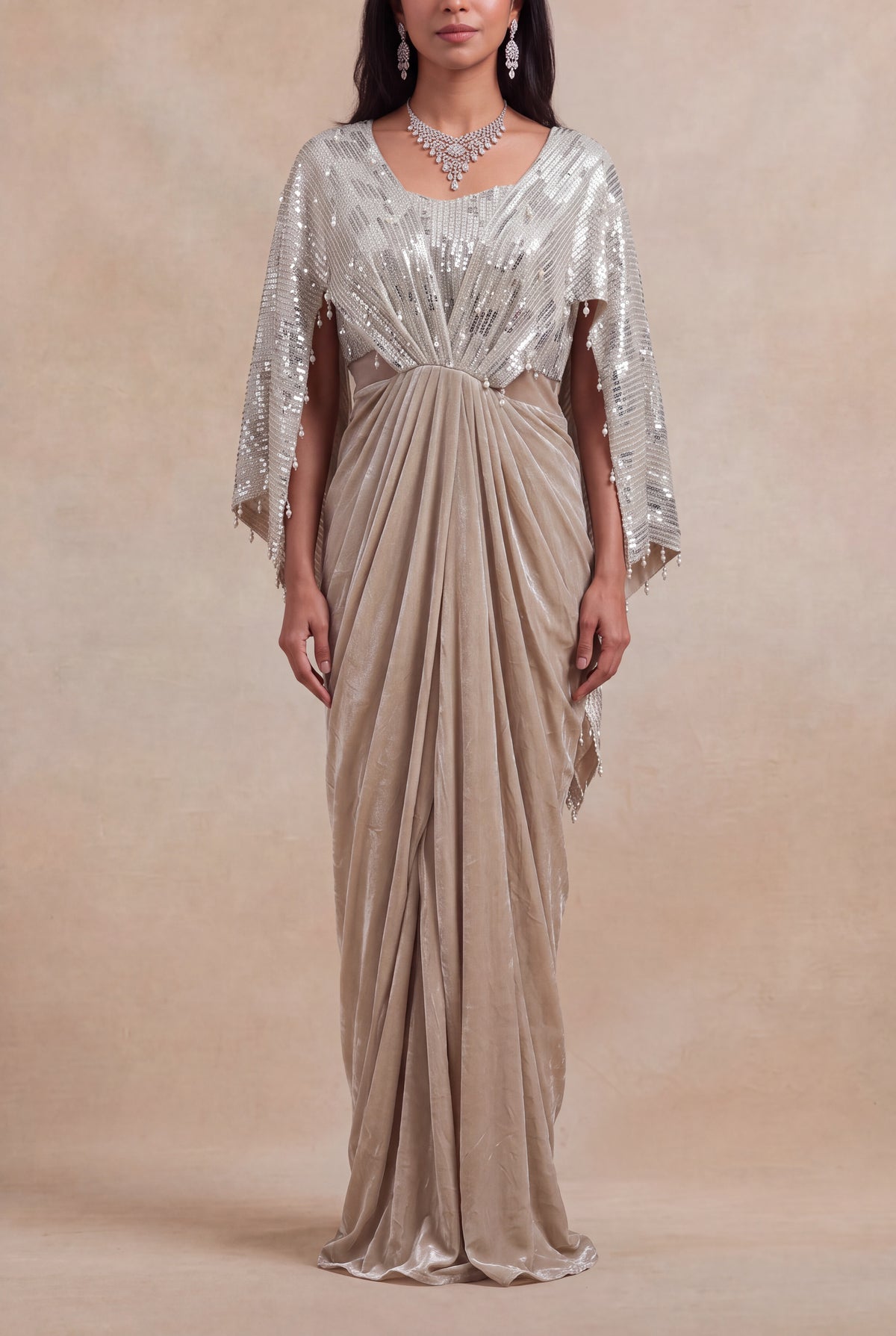 Champagne Silver Sequin & Pearl Draped Gown - Mokshaa