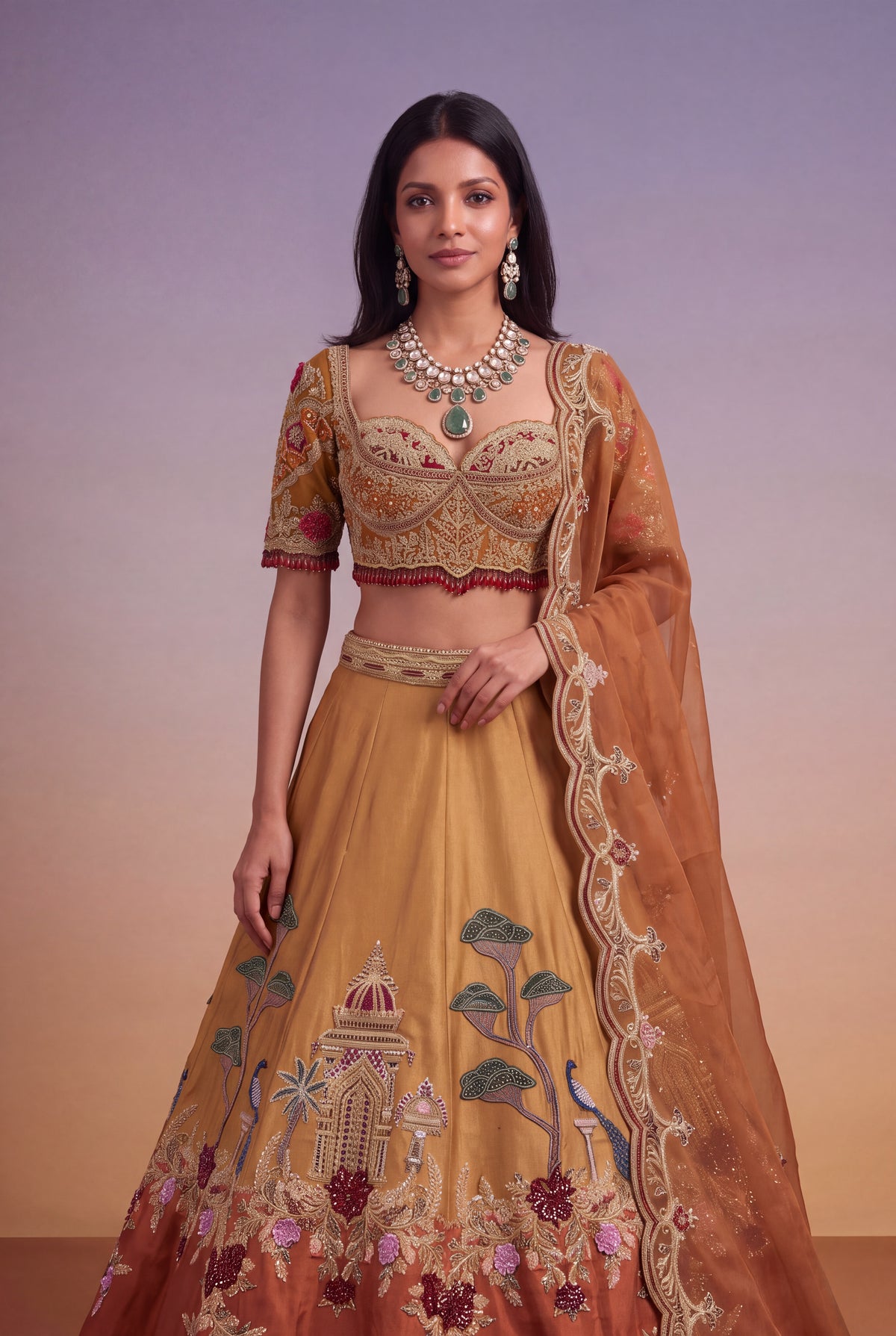 Mustard & Burnt Orange Tissue Lehenga - Mokshaa