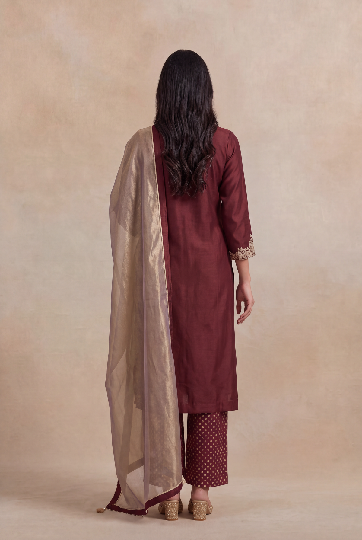 Wine Raw Silk Zardosi A-Line Salwar Set - Mokshaa