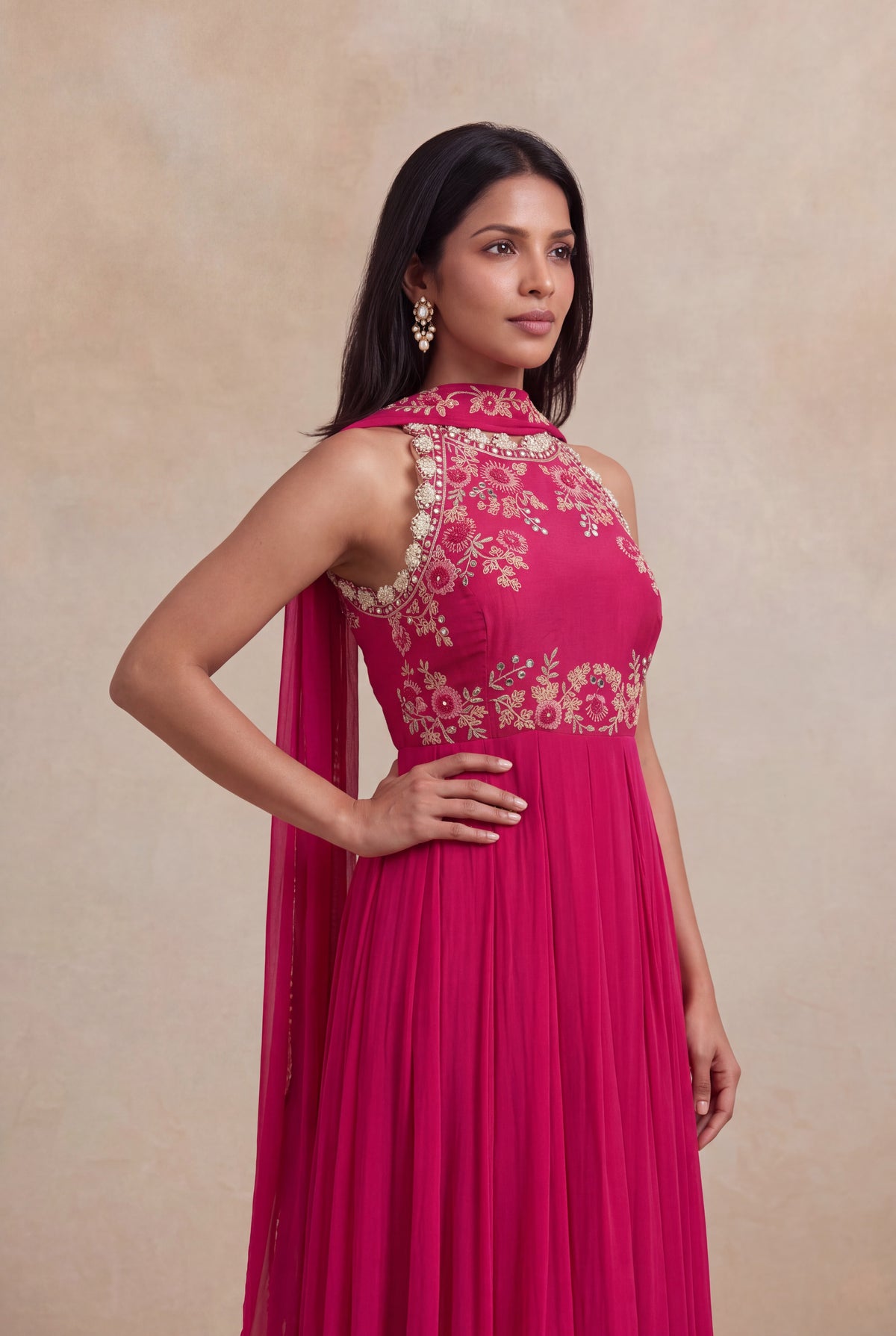 Rani Pink Embroidered Gown with Choker Dupatta - Mokshaa