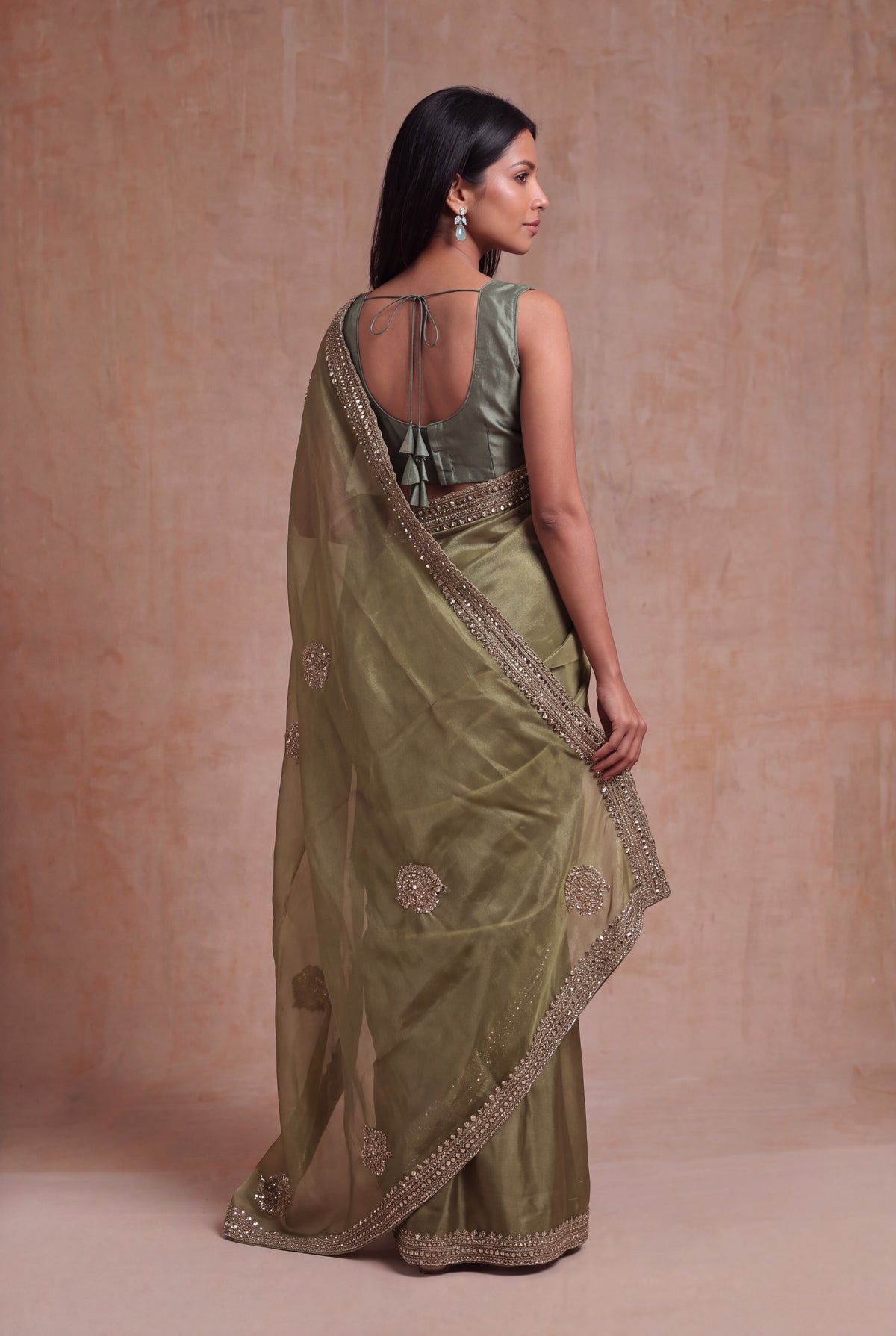 Olive Green Organza Saree with Gold Embellishments - Mokshaa