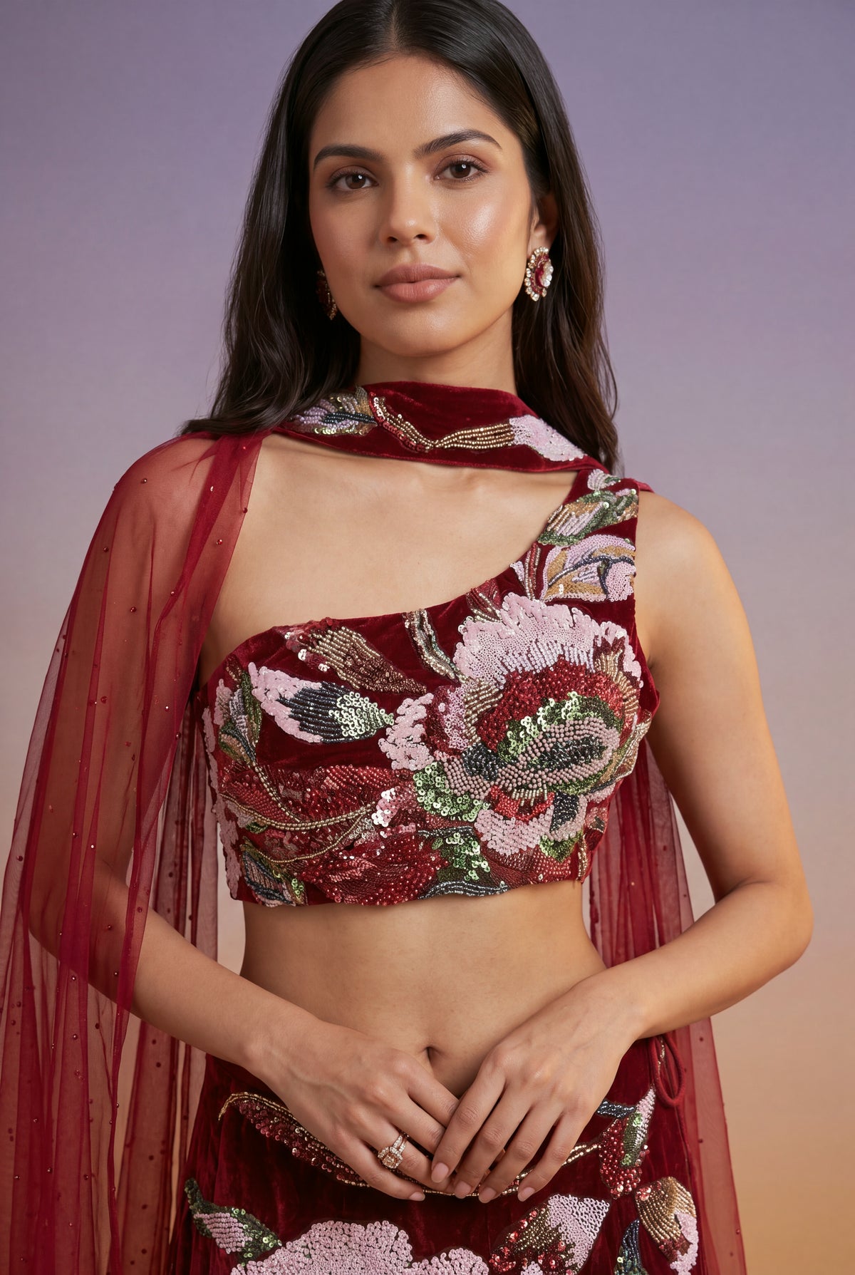 Cherry Red Velvet Lehenga Set with Cutdana and Pearl Embroidery - Mokshaa