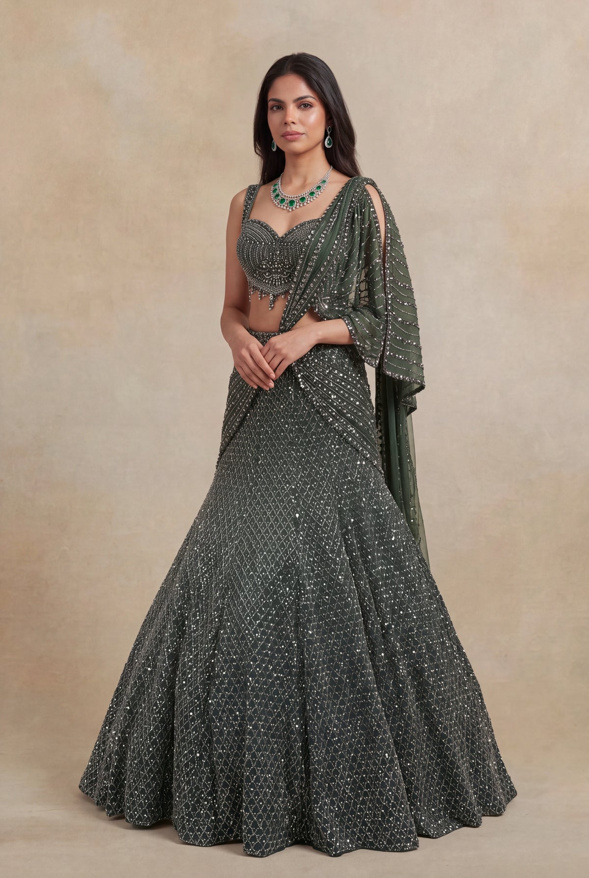 Mehandi Green Net Lehenga - Mokshaa