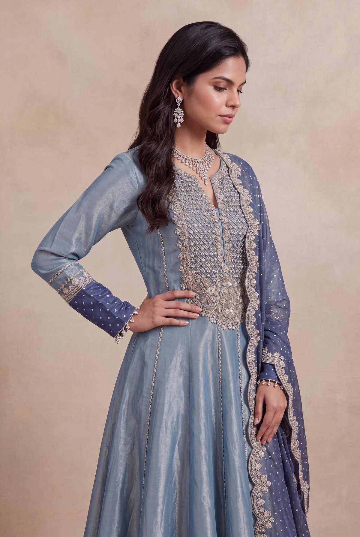 Blue Tissue Anarkali Set - Mokshaa