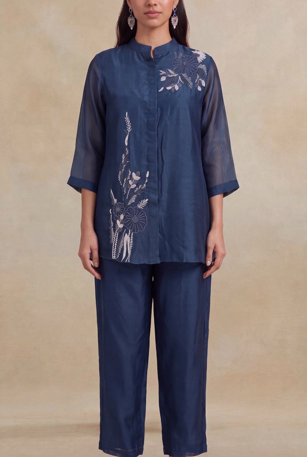 Navy Blue Organza Co-ord Set - Mokshaa