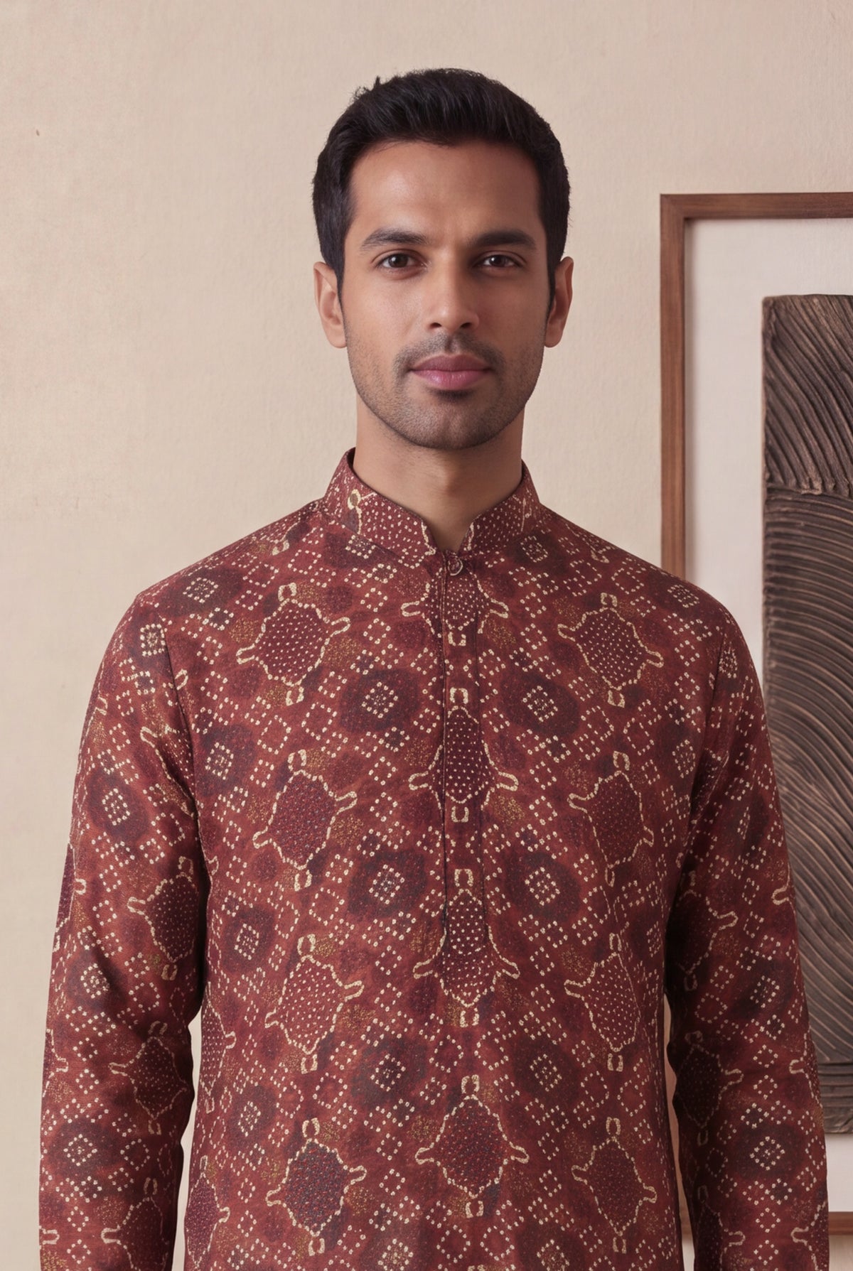 Maroon Chanderi Silk Bandhani Kurta Pant Set - Mokshaa