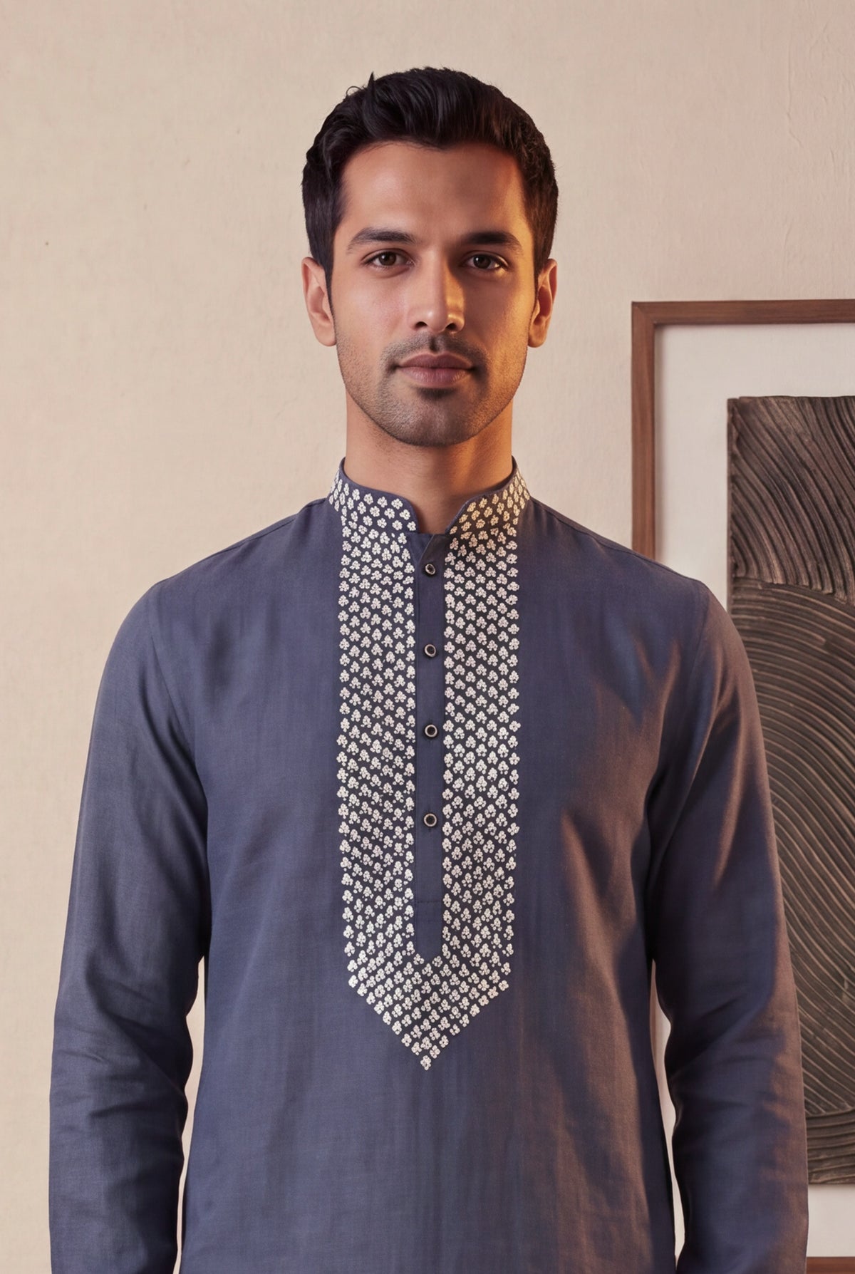 Grey Linen Kurta Pant Set - Mokshaa