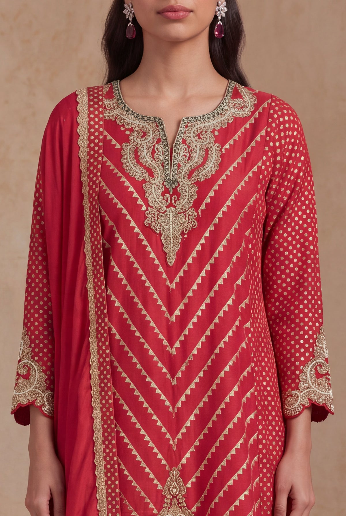 Cherry Red Banarasi Silk Indo Western Set with Zari and Pearl Work - Mokshaa
