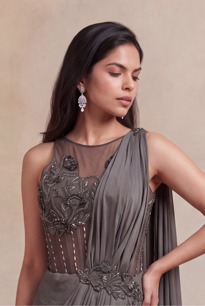Charcoal Grey Draped Gown - Mokshaa