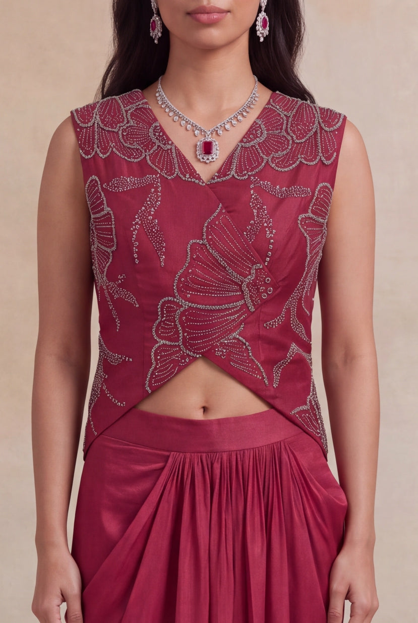 Wine Indo-Western Crop Top & Drape Skirt - Mokshaa