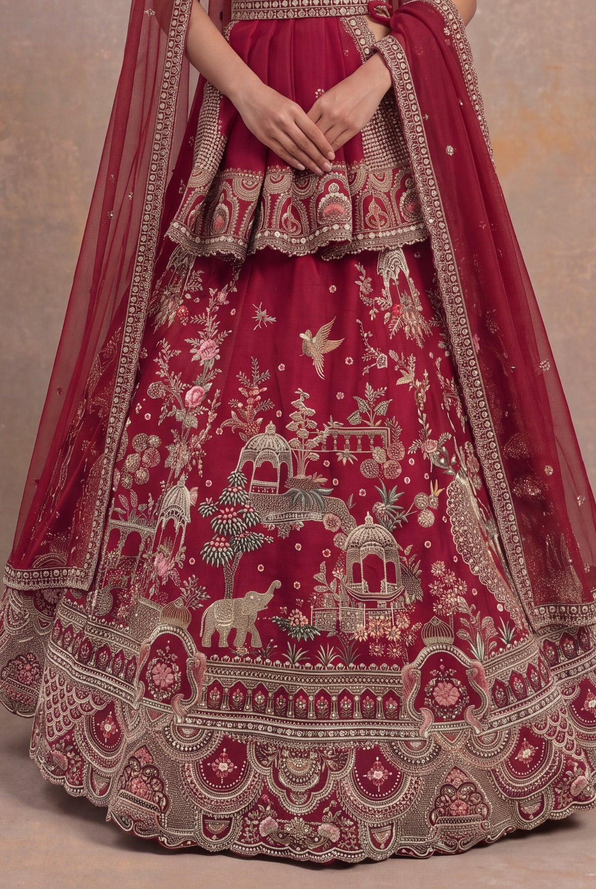Maroon Raw Silk Lehenga Set with Thread and Cutdana Work - Mokshaa